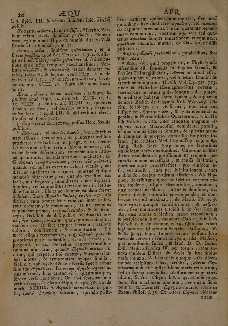 y 46 Morc UPS pofuit. MEC oL oC ME ss ZEoussts , aidimme ; h. e. Perfufio , Mperíio, Vet-. bum etiam aeíe fignificat perfundo . Nomen vero legitur apud Hipp. de humid. ufu 1, 7. Vide Erotian. in. Onomalt. p. m. 15. : és -JEoRA , «pe , fignificat geflationem , &amp; 1n fpecie penfilem apud Aet. Tetrab.1. 1. 3: c. 6. alle- cante Foef. Tales penfiles geflationes ab Athenien- fibus introdu&amp;z tempore Bacchanalium . Ver- bum «ejpéicX, &amp; dmuepéüoX etiam denotat at- zolli ,. fafbendi , &amp; legitur. apud Hipp. lk. 2. de. frat. t. 56.1;3. c. 77. &amp; activum aopéen , T. 1 de P I4. ) á M s JEpos , emoc , locum acclivem , arduum fi- gnificat apud Hipp.1.2. de morb. XLIX. r1. L. 43. XLIIX. 4. de int. aff. XLVIL. 15. quamvis Linden. vel $-ec , vel éessplo pofuit , excepto unico loco l. 7. Epid, LIl. 8. ubi retinuit acres. Confer ad Foef. p. 13.. DC pulfibus . * fEQUALE, 7) paAU s duxA6e S Tcov , de rebus naturalibus , fecundum , &amp; prxternaturalibus praedicare (olet Gal; c. 2. in progn. t. 21. Derio- tat vero non folum rerum faltem numero, vel ne quantitatis, fed etiam ratione qualitatis DEC G. Ziquale 1emperamenium , icóTug Tu$ w»pxTeus y quando vel nullus exceflus caloris vitalis , aut membris obfervatur 5 vel quando exceflus ca- loris, aut frigoris ; humidiratis aut ficcitatis fimplex, vel compofitus adeft quidem in latitu- diae fanitatis , ille'tamen femper eandem fervat indolem . Item ZEqualis Pulfus ; ópxkóc cQ ys dicitar, cum omnes ictus eundem inter fe fer- vant ordinem , &amp; portionem , ita ut fecundus refpondeat primo ; tertius fecundo; &amp; fie dein- ceps. Gal. 1. 6. de diff. pulf. c. 10. Zqualis uri- n4, Üpoy ouaxee , vocattir, quz» quoties mingiturs eandem pre fe fert femper fpeciem , ratione coloris , confiftentie , &amp; contentorum . Sic &amp; dereliquis excrementis , v. g« /Egnale pus, eft: proprietas doris laudabilis , 49 «wo» opm» , fF. prognoft. t. 4», De rebus preternaturalibus quoque ufurpatur, quando ZEqualis morbus di- bet motus , &amp; [fymptomata emper fimilia L Gal..c. 2. aph. 23. Sed &amp; de diverfis fpecie rebus &amp; vice verfa continens ;, Gr. o»w6 7coc, vel uno verbo 7coxpxr? e. dicitur Hipp. 7. aph. 56. 1.2. de morb. XXXIX. 6. ZEqualis in«qnalitas in. pul- fu, épaMi wiepxMa vocatur, quando prifti- qe nam naturam quidem immurantes 5 five maz enitudine ; five qualitate «qnalia 5. vel inéqua- lia capiunt incrementa * nam quatenus: eguali- tatem commutant , vocantur e4nates ; fed qua- renus. «qualem femper mutationem affequuntur; equalitev. dicuntur. mutari, ex Gal. 1.2..de diff. pulf.c.1ir. j| Dose cubo ^ £qUz y ZEquis portionibus , ponderibus, &amp;c/ Vide '£u4. iy ERE [39T22 OEETRISEN iut * Az; Xip, quid proprie fit, e Phyficis ad- difcendum eít. Dorneus it Phyfica Genef, &amp; Phyfica Trifmegifti dicit , erem nil aliud. effe; quam aquam vi caloris, velSpiritus Domini in creatione refolutam . Th. Ch. Vol. L p. 355.373. unde &amp; Mafculus Hermaphroditus vocatur ,. participans de natura iguis , &amp; aquz , d. l, p.499. &amp; mediator habetur inter ignem , &amp; aquam.a Seniore Zadith de. Chymia Vol. V.p.203. Di- citur &amp; ibidem res vivificans , imo vita cue jufque rei. Suntque aer , &amp; ignis elementa a- gentia , in PlatonisLibro Quartorum l. 4. in Tlr, Ch. Vol. V. p. 170. £e tanquam magnum re- cipiens hujus Macrocofmi confiderari poteft ,- in quo omnis &amp;eneris femina, &amp; fpiritus mun-- di tanquam in proprio domicilio . hofpitare fo. lent. Jac. le Mort. Med, Chym. Phyf. c. 9. p. 89; Jung. Rob. Boyle Sufpiciones de latentibus £ dicina. confideratur potiffimum ut res non. na-. turalis fumme neceffaria , &amp; cauffa fauitatis , morborumque procatár&amp;ica ; pro ejufdem u-« fu, vel abufu , cum per infpirationem , tum. ambiendo , corpus noftrum afficiens . Ab Hip- pocr. defcribitur, quod (it fpiritus corpora mo- Íflra ambiens , iifque circumfufus , omnium 5. pote cujus in naturalia corrumpendr , &amp; cor- fervandi vis eft maxima , ]. de Flatib. IV... 8, 9. Ejus varias quoque .confítitutiones ; &amp; . xx(xsze. Aq. qu£ omnes a. Medico probe. attendendz , Epid. &amp; c. z. de Humor. t. 29. Quo fiae etiam legi meretur. Charletoni Exereit; Patholog. V.. naria influxu , A Chymicis quoque Jer divers fimode accipitur. Libav. fcripfit , Jerem. Cby- sicorum non. effe inflar Elementaris refolutum, fed in forma magis fixa oleiformem cum. citri nitate , S. Arc. Chym. 1.7.€.55..&amp; effe orga- non; íeu imachinam omnium , per quam fiunt euam