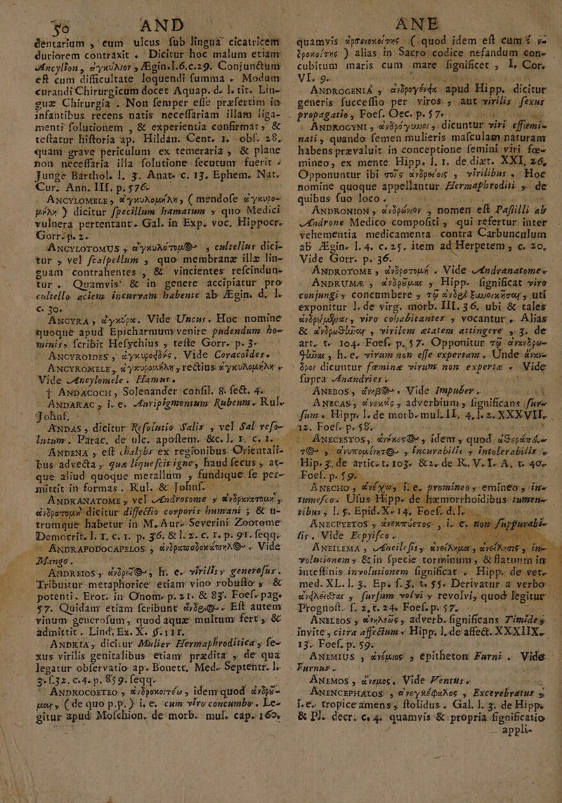 $0 CONES C dentarium , cum. ulcus fub lineua cicatricem duriorem contraxit . ' Dicitur hoc malum etiam. JdEncylon , ety o Al6Y 5 ZEgin.l.6.c.29. Conjun&amp;um eR cum difficultate loquendi fumma - Modam curandi Chirurgicum docet Aquap. d. l. tit. Lin- sue Chirurgia . Non femper efle przfertim in infantibus recens natis neceffariam illam liga- teftatur hiftoria ap. Hildan. Cent. 1, obf. 28. quam grave periculum ex temeraria , &amp; plane non neceffaria ilia folutione -fecutunr fuerit » Junge Barthol. 1. 3. Anat c. 13, Ephem. Nat. Cur. Ann. III. P $76. 5 j L4 píNs ) dicitur fpecillum bamarum » quo Medici. vulnera pertentant. Gal. in Exp. voc, Hippocr. Gorrz p. Ze T. ; ; à ANCYLOTOMUS , «ysxoAoToAO* |. cultelins dici- tur , vel fcalpellum , quo membranz illz lin- guam contrahentes ., &amp; vinclentes refcindun- tur. Qaouamvis &amp; in genere accipiatur pro -enltello: aciezs. $ | ANGYRA; dyxvjx. Vide Umcus. Hoc nomine quoque apud Epicharmum venire. padendum bo- minis» fcribic Hefychius , tefte Gorr- p. 3«.  NcvRoIprtS , &amp;yxwpedo*e. Vide Coracoides. ANCYROMELE , «4 y o9oU Am y reCtius oy xoAeMEAR e Vide J£n&amp;cylomele. FHamus. Jr du [ ANDAcocu , Solenander:confil. 8. fe&amp;. 4. -ANDARAC, i.e. -nripigiienium: Rubeume Rule jehaf. . ' des idus dein —RANDASs , dicitur Refolutio lir , vel Sal vefo- lutymr. Parac. de ulc. apoftem. &amp;c. 1l. 1. c. 1... bus- adve&amp;ta ,- que ligueftirigne, haud fecus , at- que aliud quoque metallum , fundique fe per- mittit in formas. Rul. &amp; Johnf?.. — | ANDRANATOME y vel vdndrotome y wybpsssrtun y ec ydpa-Tojuw dicitur diffecio corporis bumani ; &amp; u- trumqu habetur in. M..Aur- Severini Zooteme- Demozerit. l. r. c. r. p. 36. &amp; l. z. c. 1. p. 9. feqq. Ep ANDRAPODOC APELOS: , &amp;)bpxaobowxon^Q- . Vide — Mange .- (20A aves LU s —. Ampnzrs, dipe Qe, hh e« virilis geuerofur. CEribuitur-metaphorice etiam vino robufto: 5 .&amp; potenti. Etot. iir Onome p. zr. &amp; 83. Foef. pag. $7. Quidanr etiam fcribunt digg. Eft autem vinum senerofum, quod aqux: multum fert y. &amp; admittit. Lind; Ex. X. $.11T. ^ -—- - ANDRIA , dicitur Milier. Hermapbroditica y fe- xus virilis genitalibus etiam predita , de qua lJegatür obfervatio ap. Bonett, Med. Septentr. l- $* dredqe C. 4e p. 85 9. feqq. f T '' ANpRocozrzo » &amp;bpoworréo , idem quod. dxtpó- uo y, ( de quo p.p. )- i, e cum viro concumbo:. Le- quamvis «preyoxo/rts.— (. quod idem eft cum € »- cubitum maris cum .mare fignificet ; 1. Cor, VI. 9. gae or dC PME AwNpRocENIA , cb yS dx apud Hipp. dicitur generis fucceffio per viros ,- aut virilis. fexus ver '* Z - ANDKOGXYNI » «052 y unor ,. dicuntur viri. effemi- nati , quando femen mulieris mafculam naturam habensprevaluit in conceptione femini viri foe- Opponuntur ibi m/s «viperor , virilibus .. Hoc nomine quoque appellantur. Zermapbroditi ». de quibus fuo loco ^ us stg ty cer ue ANDRONION , o»2pów0v , nomen eft Pafiilli ab vAudrone Medico compofiti qui refertur. inter vehementia medicamenta contra Carbunculum ab JEgin. l. 4. c. 25. item ad Herpetem ; c. zo, Vide Gori po36-/500. Oo d OBS UA ÁNDROoTOME , e»3porow i . Vide eAndranatomee ANDRUMZ , dySpau y Hipp- fignificat viro vconjungis concumbere y 79 «v$gi Éuyoriicoy , uti exponitur l.de virg. morb. IIL. 36. ubi &amp; tales &amp; dels , virilem etatem attingere. ,.3. de art. t- Io4« Foef. p. 57. Opponitur 79 dvxiBpae Sli , h.e. virmm aom e[fe expertam .. Unde &amp;vxy- fupra vnandriess — Meo AwNtrBoS, dBO-. Vide Impuber. aoo A ANzCAS; Zys»?5 , adverbium y fignificans fure ANE «yíxcs » ,. idenr , quod. xSepére 102-,- dyonoutnm Qe y IncurabilIe s. intolerabilis Foefzp.ie«:. : ^ K NECHO'3, YyÉX ws 133 funefco« Utus Hipp« e. promineo y. emineo y ime vibus , LI $. Epid. X^ 14. Foef. d ANECPYETOS y &amp;yexmUeTog- ,.i om fuppura fip. Nide. Ecpyifeez «9n TUR ANEILEMA , vfÉneilefit « dyeiinper , ayel Aras y. in Trognoft. f. z, €. 24« Foef. p. 57. zo Pa — ANsLE0S , €(uAcas , adverb. fignificans Z'imidey. invite, citra affe&amp;ium « Hipp. l.de affe&amp;. XXXIIX. 13. Foef. p. 59. ) ?: Furnps . k ANEMOS, «sues, Vide Jentüso - ANENCEPHALOS- , (»eyxíixXoc , Excevebratut s &amp; DJ. decr. c4. quamvis &amp; propria fignificatio / appli-