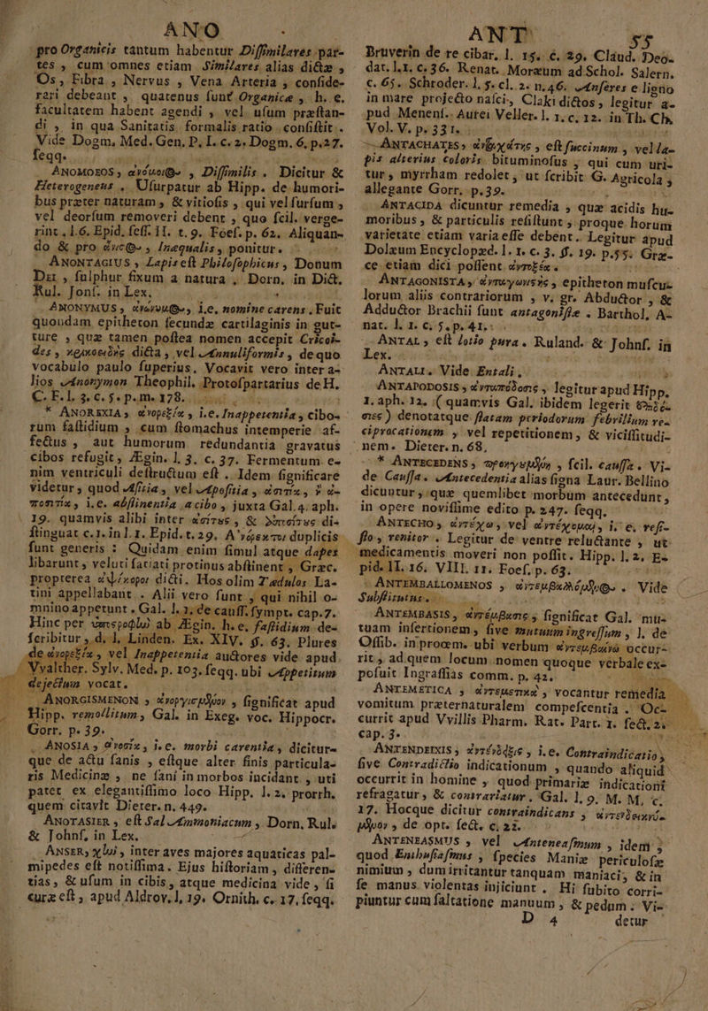 ANO . NN pro Organicis tantum habentur Diffimilares pat- tes , cum omnes etiam JimiZares alias di&amp;z Os, Eibra , Nervus , Vena Arteria , confide- rari debeapt ,. quatenus funt Organice , .h. e. facultatem habent agendi , vel ufum praftan- di , in qua Sanitaris. formalis ratio | confiftit . Vide Dogm, Med. Gen. P. I. c. 2. Dogm. 6, p.27. s oed avóuo(Be , Dilfimilis . Dicitur &amp; Fieterogenens ,. Ufurpatur ab Hipp. de. humori- bus preter naturam , &amp; vitiofis , qui velfurfum ; vel deorfum removeri debent » quo fcil. verge- rint , 1.6. Epid. fef. 11. t. 9. Foef. p. 62. do &amp; pro c»cQ- , Inequalis, ponitur. . ANONTAGIUS » Zapiseft Philofophicus , Donum Dz ,fulphur fixum a natura , Dorn. in Dict. Kul. Jont. in Lex. cadi TI MIBTMTIS . ANONYMUS ;. XVereu(Do s. 1, nomine carens , Fuit quoudam, epitheron fecunda cartilaginis in gut- ture , quz tamen poflea nomen accepit Cricoi- des , »guxoedbrg dita. Vel Atnunuliformis , dequo vocabulo paulo fuperius. Vocavit vero inter a- lios vaonymon Theophil. Protofpartarius de H. C. E.]. 3» C. $. p.m. 178. MISES  ms UN 1» D^ * ANOREXIA 5. € VOpe£/&amp; 5 i.e. Inappetentia , cibos rum faftidium ; cum flomachus intemperie 'af- fe&amp;us ,. aut humorum redundantia gravatus .€ibos refugit , JEgin. 1. 3. c. 37. Fermentum. e- nim ventriculi deftructum eft .. Idem. fignificare videtur ; quod J4fiia ,. vel vEpofitia ,:«mmx, » d- momTia , i.e. abflinentia .acibo » juxta Gal. 4; aph. 19. quamvis alibi inter xeízss , &amp; eius di- füinguat c. 1. inl. 1. Epid. t. 29, A re» v; duplicis funt generis : Quidam enim fimul atque dapes libarunt , veluti fatiati protinus abftinent , Grzc. propterea ebrope di&amp;i. Hos olim Zedulos La- tini appellabant. . Alii vero funt » qui nihil o- mnino appetunt . Gal. 1.3. de cauff. fympr. cap.7. Hinc per emspoQly) ab JEgin. h.e. faffidium. de- feribitur d. 1, Linden. Éx. XIV. $..63. Plures ope 1 er. Sylv. Med. p. 105. feqq. ubi eappetitum dejechun vocat. a) Hipp. rvemo/litum., Gal. in Exeg. voc. Gorr. p. 39. bv . -ANOSIA y &amp;vesi , i, e. morbi carentia, dicitur- que de a&amp;u fanis , eflque alter finis particula- ris Medicing ,. ne fani in morbos incidant. , uti patet ex elegautiffimo loco Hipp. 1. 2. prorrh. quem citavit Dieter. n. 449. T ANorasirn , eft 5a] vcZnmoniacim ,. Dorn, Rul. &amp; Johnf, in Lex. — enti ANSER; Xlui , inter aves majores aquaticas pal- mipedes eft notiffima. Ejus hiftoriam , differen- tias, &amp; ufum in cibis, atque medicina vide , (i Cur cft ; apud Aldrov.1, 19. Ornith, c. 17. feqq. Hippocr. L: ANT - sy Bruverin de re cibar, 1. 15. €. 29. Claud. Deo. dat. l.x. c. 36. Renat.. Moreum ad Schol. Salern, €. 65. Schroder. 1, s. cl. 2. n. 46. vtnferes e litio in mare proje&amp;o naíci, Claki di&amp;os , legitur a- pud Menenft.. Aurei Veller. l. 1, c, 12. in Th. Cl. Vol. V. Pe 331. | : : pis alterius coloris. bituminofus ; qui cum uri- allegante Gorr, p.39. T : ANTACIDA dicuntur remedia , qux acidis hi. moribus ; &amp; particulis refiftunt » proque. horum varietate etiam variaeffe debent. Lepitur apud ce etiam dici poflent Xym£éx. 7 00 ANTAGONISTA y: d ymeyovs 96 y epitheton mufcuz lorum aliis contrariorum , v. gr. Abdu&amp;or , &amp; nat. ld 65$.p.4n:io« dy DÉC ANTAL ; eft Jorio pura. Ruland. &amp; Johnf, ig Lex. - ; E Lh z 4 fige Pad-7 ANrALL. Vide. Eztali,. | pb ANTAPODOSIS ; X vrwódon£ ;. legitur apud Hipp, 1. aph. 12, (( quamvis Gal. ibidem legerit &amp;x36. ciprocationtm. , vel repetitionem, &amp; viciffitudi- * ANTECEDENS ;. veewyspSos , fcil. cauffa . Vi- de CaufJa. JIntecedentia alias igna Laur. Bellino dicuntur ,.que quemlibet morbum antecedunt , in opere noviflime edito p. 247. feqq. j ANIrCHO; Z»éxo, vel WyrÉY ouo , 1, e, reff- medicamentis moveri non poffit. Hipp. 1.2. E- pid-1L. 16. VIIL 11. Foef;p.63..— vin. - ANTEMBALLOMENOS , wizeuBxAópl»Qe . Vide $Subfintus.  AX um ANTEMBASIS , «yréuBxme s fienificat Gal. mi: tuam infertionem, five mutuum ingreffum , ], de Oflib. inproem. ubi' verbum dyzsegura occur rit ad quem locum..nomen quoque verbale ex- pofuit Ingraffias comm. p, 42. BW V Nec vomitum. preternaturalem compefcentia .. 'Oc- currit apud Vvillis Pharm. Rat. Dicis cap. 3- | | | ANTENDEIXIS ; Zyréib dee , i.e. Contraindicatio five. Contradiclio indicationum , quando aliquid occurrit in homine ,' quod primariz indicationt refragatur, &amp; comrariatur , Gal. 1, 9, M. M, c 17. Hocque dicitur contraindicans » WiTSE eje pleo» , de opt. fe&amp;. c, 22. | LI AGUl ANTENBASMUS , vel Jntenea[zium ; idem; quod Enib»fi2sfmus , (pecies Mani periculofz nimium , dumirritantur tanquam maniaci, &amp; in fe manus. violentas injiciunr . Hi faübito corri- piuntur cum faltatione manuum , &amp; pedum; Vi