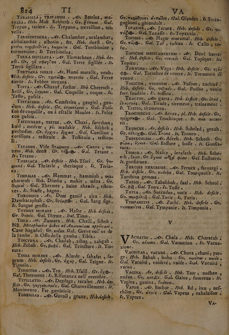 $24 TI yyaba. Heb. Mak Kebheth G». E émavor 4 Gal. TEREBINTHINA . fr. Chalambat , ucalambat; alchalambat , albotin ,' &c. Zeb. deeft . Gr, pntím ceesBiS/ n , Augixím . Gal. Terebintine , tormentne. I; Terebintina. | TERRA SIGILLATA « £r. Tinmachtun . Zeb. de- elt. Gr. yn cdwy?ne . Gal. Terre figillée . Is. TriETIANA FEBRIS. fr, Humíi mutelit, neub. cb. deficit. Gr. Tere mvpemóe . Gal. Fevre TrsrA. Jr. Chazuf , fachar.. Feb. Cheresch , kelif Gr, 2spxwor .. Gal. Coquille .5 coque . Z;, Tefto, gufcia. | . TzsrAceuM . Jfr. Camfeties , caugiel , gua- dam. Heb. deficit . Gr, óspuneeuov , Gal. Poif- fon de coquille, ou à efcalle Moules . /;. Pefce con gufcia. TrsricuLus , TzsTsS . 4v. Chazi, furcthun, baid ; medcar , pl. madakir . Zeb. Efchek , pechadim. Gr. 2pyis 5. oy ee . Gal, Covillon , iortpns » teftcule . 4 Tefticolo ;. teftico- 1 . TrrANus. Vide SpAswus . —£v- Cuzez , cu- zem. Heb. deeft . Gr. 7£&&. . Gal. Tetane . Ir. Tetano. TuzniaCA . tr. deficit - Heb. Tfori . gii». Gal. Thriacle ; theriaque . Ka. TH£sRMAE .. £r. Hammat , hammiah , ma- chararah . Heb, Dimíiu , mukin , udna . Gr. Seat « Gal. Thermes , bains, chauds , eftou- ves. Jr. Stuffe, bagno. T TuRoMsus . Vfr, Dam gamid , alca - Heb, Damhacaphah Gr. 9péugG- ^. Gal. Sang fige. Gr. 94- I;, 'eria- TnvMus Monsus . ofr. Hafce . Heb. deficit . . TrBiA. JT. Zumara . Zeb. Chaill, fchok ; INB. Metapborice debet ad -Anatomiam applicari , Cane hagadol. Gr. »víux. G4l.. Greve oul os de la jambe. Ir. Offodella gamba. Tibia. |... TiNCrURA . ofr, Chadab , zibag , zabgah . Heb. Zebah . Gr, Bxó .. Gal, Tein&ure . Jt. Tin- tura. dd. | TiNEA MoRBUS . ofr-. Alarde |, fahafat. , fa- Tignolo. ; eva . TiNNrTUS . fr. Ten. Feb, Tfalil , Gr. 5x. Gal, Tintement . Z;; Rifonanza nell' orecchie . ficit * Gr, Movimento, Far eatticiole. E o / 74 A PES d E A call e W 3 1 CAD E goglioni , ehiandole . ToPAstus. Jr. Jacura . Heb. d TídiG»..Gal, Topaffe. I«Topazzio. —— ToPHus. J£r. Hagar muramal. Heb. deficit |. Gr. T»)6- . ) fo. bet g m ToPICUM. MEDICAMENTUM: * vr, A VP Topico. ToRMiINA:- ventre... (4 fort foudain . Zr. toffico ,. I: ratto, tiramento. — Tnocurscus . 2r. Acraz , pl. Heb. deficit. Gr, TI6Xi7XQ» -. Gal. Trochisque. .- Jr. mon occura PERSA Ss | Gr. séAsy G». Gal. Tronc, It, Tronco . | TusrRcuruM ..cfr. Afech . Zeb. Scheth . Gri Qvpm, eyxos Gal. Enflure , boffe . Ir. Gonfia- tura. T T oo £1 TuMon. fr. Nafcp , intafach: . Zeb. Sche- eth ,faon. Gr. dyxos 79d Quan. Gal. Enfluete, It.gonfiatura. id TuRcoIs ruRcrsiUS; Jr. Feruca , Heb. defüit. Turchina gemma. Tussis .. £r. Tabahboh, faal. Gr. &3£ . Gal. Toux. Z;. Toffe , farazegi . Heb. Scheol d | G;. art éAuE r Gal. Tutie s (3 Tutia [ , [ TYMPANITES . vuuawri t5 . Gal. Tympanie . Zz, Timpania .- V Acuario , o£r. Chala .. eb, Characah ; Cr. »éyome . Gal. Vacuation . Jr. Vacua- Zione. ty VaAcurTAS , vacuus . fr. Chava , chavi , pars ge. Heb. Bahah , bohu.. Gr, »oyótwe » xoc e Gal, Vacuité , vuideté ; vuide. I;al, Vacuità ; yacuo. nadan. Cr, XoA4)«. Gal. Gaine , fourreau . Ir. Vagina, guaina , fodero. VaPoR . vtr. Buchar . Ze, Ed ; itra , nef- VA-