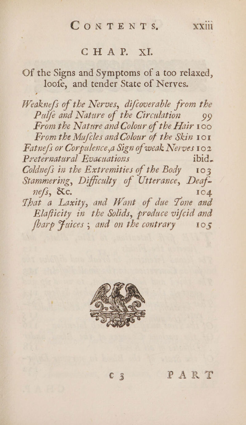CH AYP... x Of the Signs and Symptoms of a too relaxed, loofe, and tender State of Nerves. © Weaknefs of the Nerves, difcoverable from the Pulfe and Nature of the Circulation 99 _ From the Nature and Colour of the Hair 100 From the Mafcles and Colour of the Skin 101% Fatne/s or Corpulence,a Sign of weak Nerves 102 Preternatural Evacuations ibid. Coldne/s in the Extremities of the Body 103 Stammering, Difficulty of Utterance, Deaf= nefs, &amp;e. 104 That a Laxity, and Want of due Tone and Elafticity in the Solids, produce vifcid and foarp Fuices ; and on the contrary 105 C 3 PART