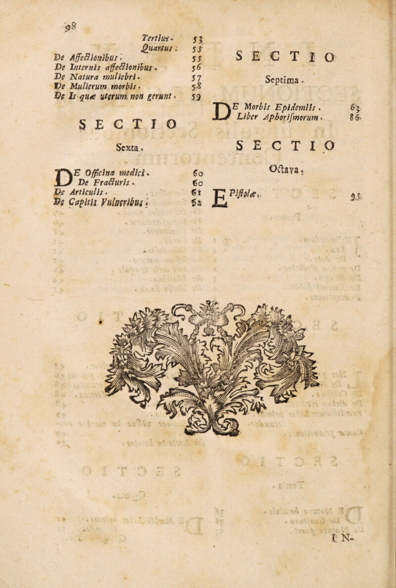 — I Tertium. Quartus i De Affeflidnibus* De Internis affeflionihus • Zte Natura muliebri * Mulierum morbis • De Is quee uterum* wn gerunt. § E G X I O 51 55 5 5: 56 57 S E G T 1 O Septima «■ DE Morbis Epidemtis . Liber Jpborifmorum • % Sesta. SECTIO %_ T*\£ Officina medici* \.J De Frafluris. €0 60 I3e Articulis • «t De Capitu yulmihs l Oftaya 2 r'^
