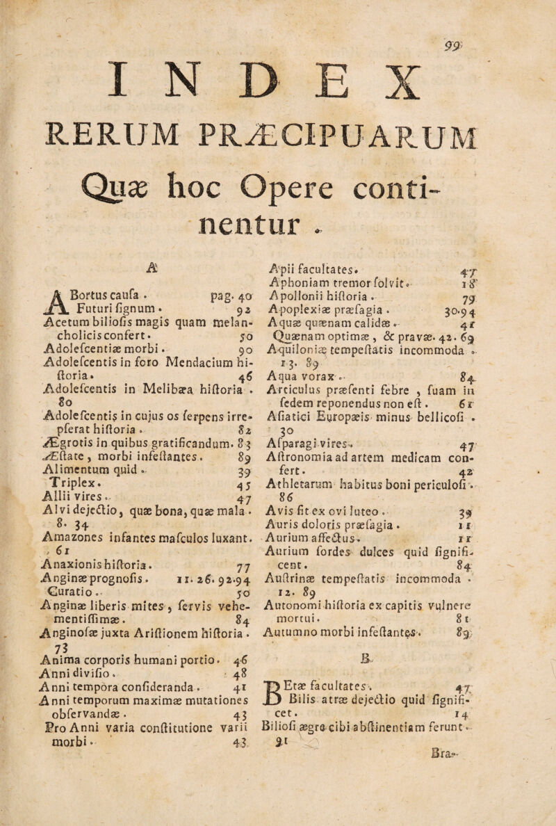 r 99- I N E X RERUM PRAECIPUARUM Quas hoc Opere conti¬ nentur . A ABortus caufa . pag. 40 Futuri fignum • 92 Acetum biliofis magis quam melan- cholicisconfert. 50 Adolefcentia morbi. 90 Adolefcentis in foro Mendacium hi- ftoria* 4 6 Adolefcentis in Melibasa hlflorsa * 80 Adolefcentis in cujus os ferpens irre» pferat hi dor ia 82 iEgrotis !n quibus gratificandum. 2 % AEdate , morbi infeilantes. 89 Alimentum quid » 39 Triplex. 45 Allii vires, 47 Alvi dejcdlioj quae bona, quae mala . 8. 34 Amazones infantes tnafculos luxant. * 6l Anaxionis hifloria. 77 Anginasprognofis. 11.26.92.94 Curatio 50 Anginae liberis mites 5 fervis vehe¬ menti (Tanas . 84 Anginofae juxta Aridionem hiftoria . Anima corporis humani portio. 46 Anni divifio. - 48 Anni tempora confideranda ° 41 Anni temporum maximas mutationes obfervandas. 43 Pro Anni varia conftitutione varii morbi. 43, Apii facultates» 47* Aphoniam tremor folvit® 18' Apollonii hidoria . 79 A-poplexiae prasfagia . 30.94 Aquas quaenam calidas. 4/ Quaenam optimas , & pravae. 42. 69 Aquiloniae cempedat is incommoda * 13. §9 Aqua vorax 84, Articulus prsefenti febre , fuam in fedem reponendus non eft . 6r Afiatlci Europaeis minus bellicofi . J 3° Afparagi vires-. 47* Aftronomia ad artem medicam con¬ fert . 42 Athletarum habitus boni periculofi » 86 Avis fit ex ovi luteo . 39 Auris doloris praefagia . 11 Aurium affedus. i r Aurium fordes- dulces quid fignifi- cent. 84 Audrinae tempedatis incommoda 12. 89 Autonomi hidoria ex capitis vulnere mortui. ^ 8 v Autumno morbi infedanteS'. 89; B. Etae facultates. 47 Bilis atras deje&io quid fignifi- cet. 14 Biliofi asgrs cibi abdinentiam ferunt» 91 ' Bra?-