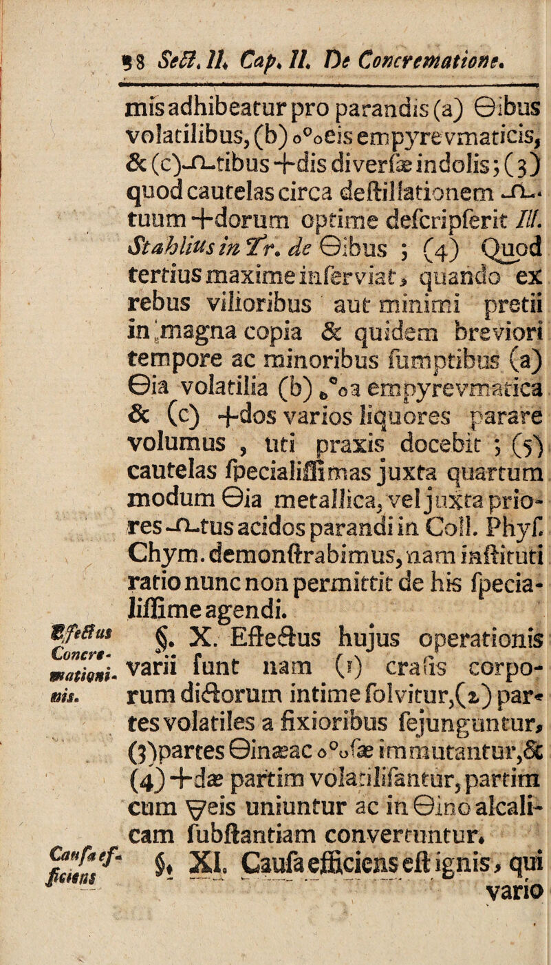 Wfeffus Concrt- wamni- ais. Catiftef' fictens ?8 SeB. 11, Cap, 11. De Concrematione. mis adhibeatur pro parandis (a) ©ibus volatilibus, (b) o0oeis empyre vmaticis, & (c)-H-tibus Hhdis diverfs indolis 5(3) quod cautelas circa deftillationem -fi— tuum -fidorum optime defcripferit IU. Stahlitts in 7r. de ©ibus ; (4) Quod tertius maxime inferviat, quando ex rebus vilioribus aut minimi pretii in'magna copia Sc quidem breviori tempore ac minoribus fumptibus (a) ©ia volatilia (b) „”03 empyrevmatica & (c) -fidos varios liquores parare volumus , uti praxis docebit *, (5) cautelas fpecialiffimas juxta quartum modum ©ia metallica, vel juxta prio¬ res -ft-fus acidos parandi in Coli. Phy ii Chym. demonftrabimus, nam inftituti ratio nunc non permittit de his fpecia- liffime agendi. §. X. Efte&us hujus operationis varii funt nam (1) crafis corpo¬ rum di&orurn intime folvitur,(i) par* tes volatiles a fixioribus fejunguntur, (3) partes ©inatac o°ofx immutantur, Sc (4) -fida; partim volatilifantur, partim cum ^eis uniuntur ac in©inoalcali- cam fubftantiam convertuntur. 1 $♦ XI. Caufa efficiens eft ignis, qui vario