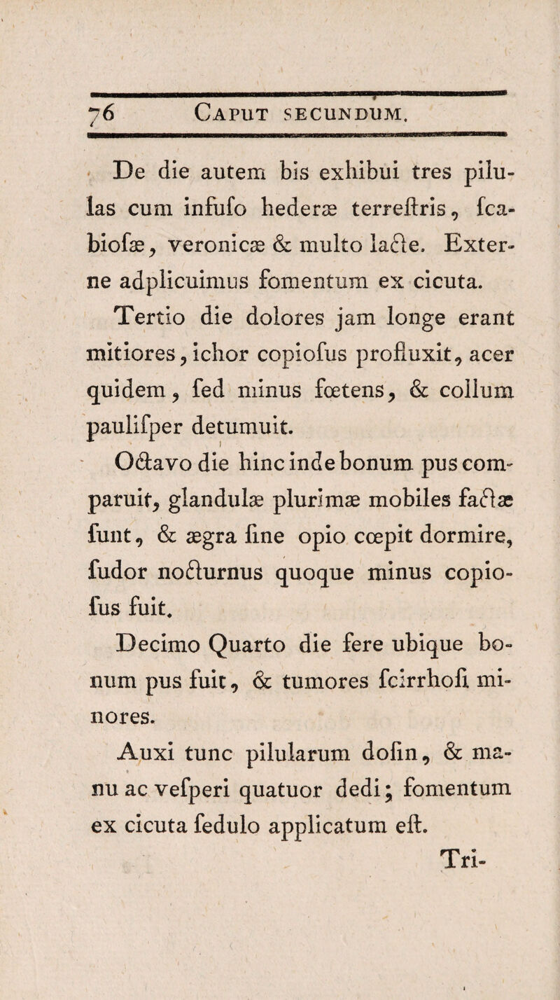 i • De die autem bis exhibui tres pilu¬ las cum infufo hederss terreftris, fca- biofae^ veronicae & multo lafle. Exter¬ ne adplicuimus fomentum ex cicuta. Tertio die dolores jam longe erant mitiores 5 ichor copiofus profluxit, acer quidem, fed minus foetens, & collum paulifper detumuit. Ocflavo die hinc inde bonum puscom' paruit, glandulae plurimae mobiles fafiae funt, & aegra fine opio coepit dormire, fudor nodlurnus quoque minus copio¬ fus fuit* Decimo Quarto die fere ubique bo¬ num pus fuit, & tumores fcirrhofi mi¬ nores. Auxi tunc pilularum dofin, & ma- nu ac vefperi quatuor dedi; fomentum ex cicuta fedulo applicatum eft. Tri-
