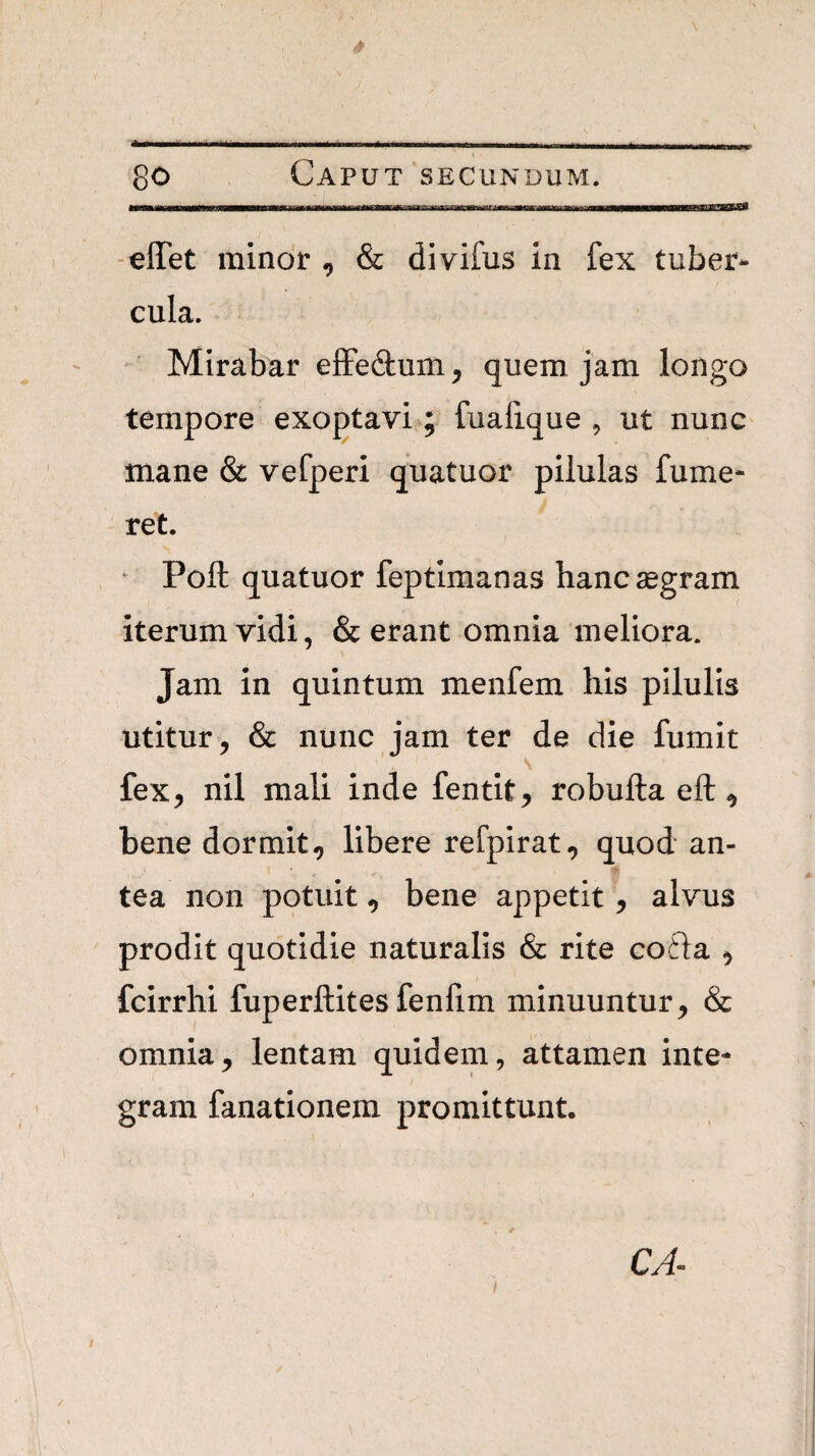 -effet minor , & divifus in fex tuber¬ cula. Mirabar efFeftum, quem jam longo tempore exoptavi; fualique , ut nunc mane & vefperi quatuor pilulas fume- ret. ‘ Poft quatuor feptimanas hanc aegram iterum vidi, & erant omnia meliora. Jam in quintum menfem his pilulis utitur, & nunc jam ter de die fumit fex, nil mali inde fentit, robufta eft, bene dormit, libere refpirat, quod an¬ tea non potuit, bene appetit, alvus prodit quotidie naturalis & rite cofta , fcirrhi fuperftites fenlim minuuntur, & omnia, lentam quidem, attamen inte¬ gram fanationem promittunt. CA^