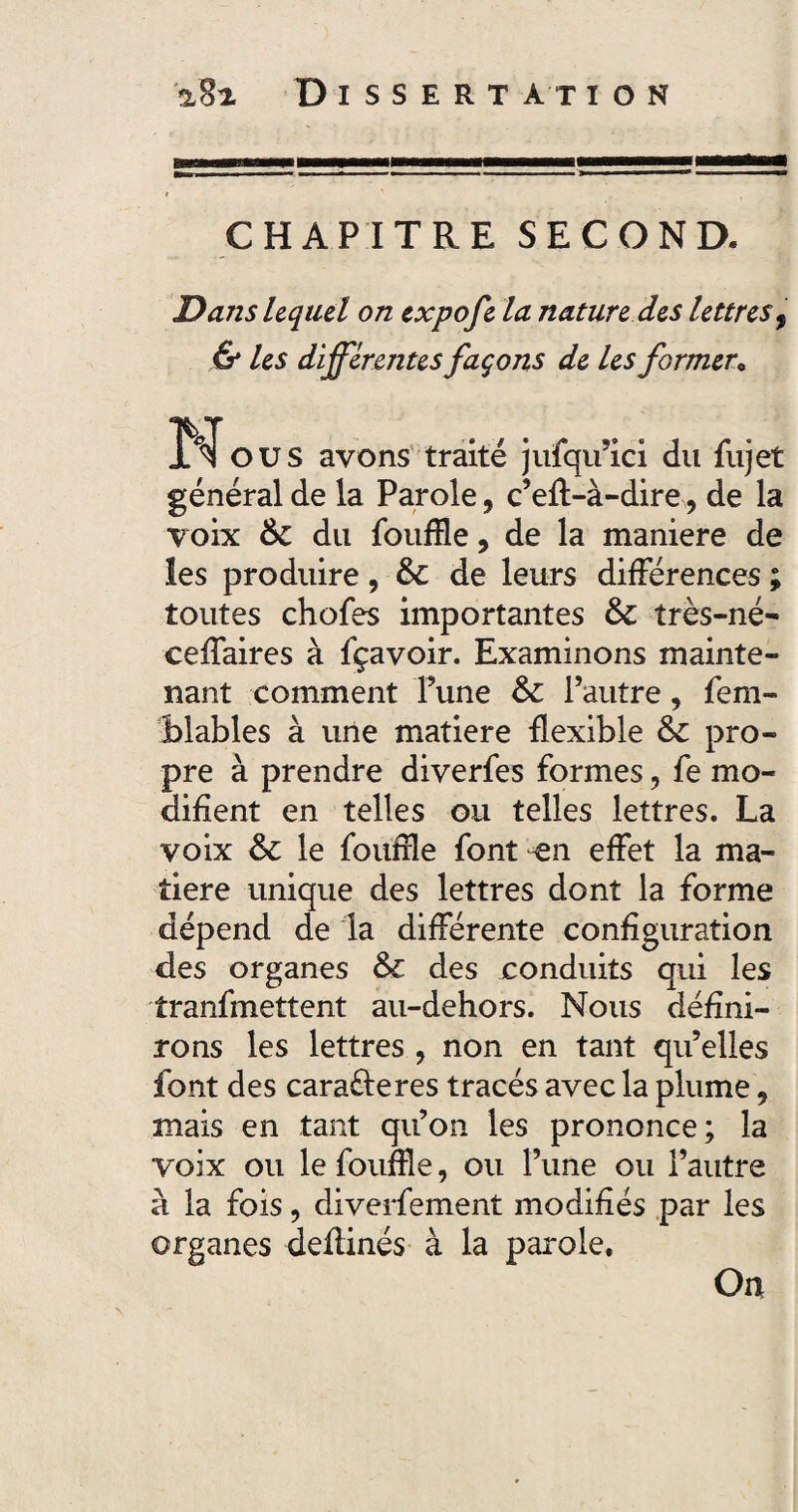 CHAPITRE SECOND. Dans lequel on expofe la nature des lettres9 & les différentes façons de les formere N ou s avons traité jufqu’ici du fujet général de la Parole, c’efl-à-dire, de la voix 6c du {buffle, de la maniéré de les produire, 6c de leurs différences ; toutes chofes importantes 6c très-né- ceffaires à fçavoir. Examinons mainte¬ nant comment Tune 6c l’autre, fem- blables à une matière flexible 6c pro¬ pre à prendre diverfes formes, fe mo¬ difient en telles ou telles lettres. La voix 6c le fouffle font en effet la ma¬ tière unique des lettres dont la forme dépend de la différente configuration des organes & des conduits qui les iranfmettent au-dehors. Nous défini¬ rons les lettres , non en tant qu’elles font des caraéferes tracés avec la plume, mais en tant qu’on les prononce; la voix ou le fouffle, ou Tune ou l’autre à la fois, diverfement modifiés par les organes deffinés à la parole. On