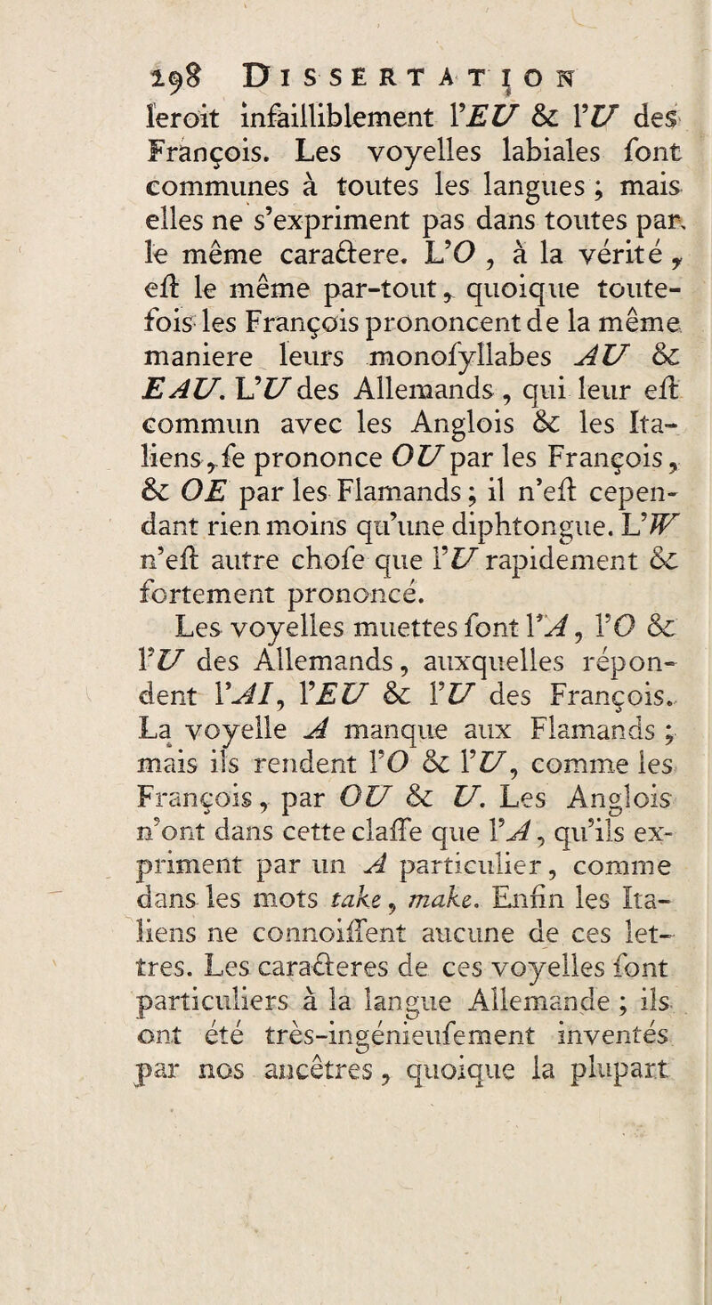 îeroit infailliblement VEU & VU des François. Les voyelles labiales font communes à toutes les langues ; mais elles ne s’expriment pas dans toutes par, le même cara&ere. L’O , à la vérité 7 elï le même par-tout * quoique toute¬ fois les François prononcent de la même maniéré leurs monofyllabes AU & EAU. UUdes Allemands , qui leur efi: commun avec les Anglois & les Ita¬ liens rfe prononce OU par les François, & OE par les Flamands ; il n’eft cepen¬ dant rien moins qu’une diphtongue. UJV n’eft autre chofe que VU rapidement & fortement prononcé. Les voyelles muettes font VA, FO & VU des Allemands, auxquelles répon¬ dent VAI, VEU & VU des François.. La voyelle A manque aux Flamands ; mais ils rendent FO & VU, comme les François par OU & U. Les Anglois n’ont dans cette claffe que VA, qu’ils ex¬ priment par un A particulier, comme dans les mots take, make. Enfin les Ita¬ liens ne connoifTent aucune de ces let¬ tres. Les caraêieres de ces voyelles font particuliers à la langue Allemande ; ils ont été très-ingénieufement inventés par nos ancêtres, quoique la plupart