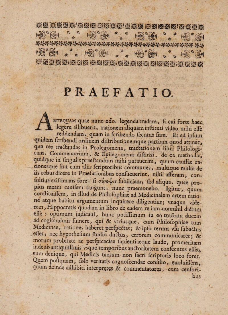 W & & <s'v0 SJS** * * C/> Jd5c -. \3> , *$3 W ^ 'Vi1 '$Vw VC ' Gx^-i * &&#%&%&%% ## . <t^f?) i'r '.'?V!> JV . ,. «/*» **- jpv> iV Qy, VX V'vj) ■ '-•' ■ ^ ^ &P *JtTih *% ;H#| -• * , <?>'£ '*N3 i iHffe; ^fMj Cs3 va PRAEFATIO. ANfEQUAM quae nunc edo, legenda tradam, fi cui forte haec legere aliibuerit, rationem aliquani inftkuti video mihi effe reddendam, quam in feribendo fecutus fum. Et ad ipfu.ni qnidem feribendi ordinem diflribudonemque partium quod attinet, qua res tra£fcanda$ in Prolegomena, tradfcationem libri Philologi- cam, Commentarium, Sc Epilegomena diffcinxi, de ea methodo, quidque in fingulispraeftatidum mihi putauerim, quum cauflae ra. donesque fine cum aliis feriptodbus communes, mukique muita de iis rebus dicere in Praefationibus confueuerint, nihil afferam, com lultius exiflimans fore, fi <jwa-\|/jy (ubiicia&i; fed aliqua, quae pro- plus meam caulFam tangunt, nunc praemonebo. Igitur, quum conftituiflem, in illud de Fhilofophiae ad Medicinalem artem racio- ne atque habitu argumentum inquirere diligentiusj vnaque vide- rem, Hippocratis quodam in libro de eadem re iam nonnihil di6bum elle : optimum iudicaui, hunc potiffimum in eo tra&atu ducem ad cogitandum fiimere, qui Sc vtriusque, cum Philofophiae turn Medicinae, rationes haberet perfpedas; Sc ipfo rerum vfu fuba&us , elfet j nec hypothefium fludio dudtus, errorem communicaret y Sc momm probitate ac perfpicaciae fapientiaeque laude, promeritam mde ab antiquiffimis vsque temporibus audoritatem confecutus eflet; sum denique, qui Medicis tantum non fecri feriptoris loco foret* Quem pohquam, foio veritatis cognofcendae conhlio, euoluiifem, quum deinde adhibiti interprets Sc commentators, cum cenfori- bus
