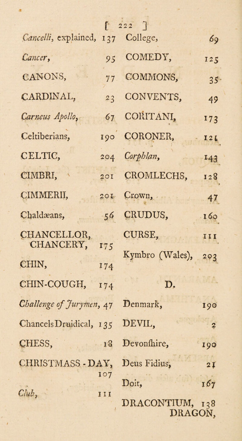 Cancer y 9S COMEDY, 125 CANONS, 77 / COMMONS, 35- CARDINAL, 23 CONVENTS, 49 Carneus Apolloy 67 coiUtani, « 173 Celtiberians, t 190 CORONER, . 1 - 121 CELTIC, 204 \ Corphlmy M3 CIMBRI, ' 201 CROMLECHS, 128 CIMMERII, 201. Crown, . Cbaldaeans, 5^ CRUDUS, 160 CHANCELLOR, CURSE, III CHANCERY, 175 ' CHIN, 174 Kymbro (Wales), 203 > CHIN-COUGH, 174 D. Challenge of Jurymen, 47 Denmark, 190 Chancels Druidical, 135 DEVIL, 2 CHESS, 18 Devonlhire, 190 CHRISTMASS - DAY, Deus Fidins, 2? > 107 Doit, 167 Cluhy 111 dracontium. 128 DRAGON,