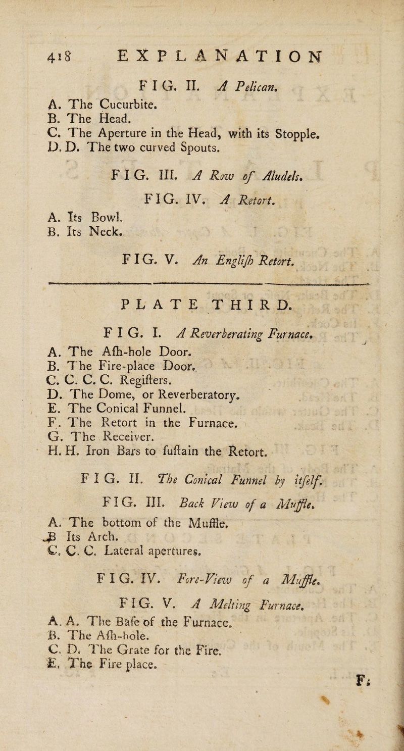 F I G. II. A Pelican. A. The Cucurbite. B. The Head. C. The Aperture in the Head, with its Stopple. LX D. The two curved Spouts. FIG. HI. A Row of Aludels• FIG. IV. A Retort. A. Its Bowh B. Its Neck. FIG. V. An Englijh Retort. PLATE THIRD. F I G. I. A Reverberating Furnace, A. The Afh-hole Door. B. The Fire-place Door. C. C. C. C. Regifters. D. The Dome, or Reverberatory. E. The Conical Funnel. F. The Retort in the Furnace. G. The Receiver. H. H. Iron Bars to fuftain the Retort. FIG. II. The Conical Funnel by itfelf. FIG. III. Back View of a Muffle, A. The bottom of the Muffle. Its Arch. C, C. C. Lateral apertures. FIG. IV. Fore-View of a Muffle. F î G. V. A Melting Furnace. A. A. The Bale of the Furnace. B. The Afh-hole. C. D. The Grate for the Fire. £. The Fire place.