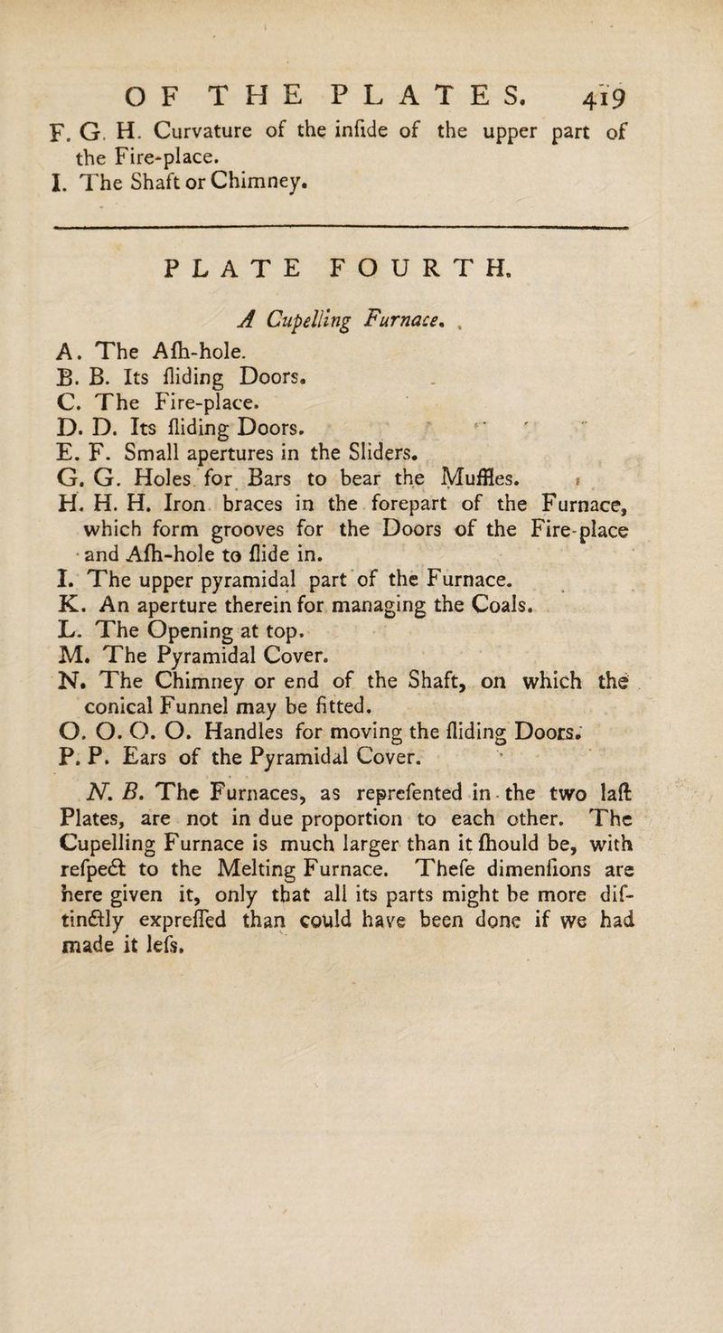 OF THE PLATES. 4Ï9 F. G. H. Curvature of the inftde of the upper part of the Fire-place. I. The Shaft or Chimney. PLATE FOURTH. A Cupelling Furnace. , A. The Afh-hole. B. B. Its hiding Doors. C. The Fire-place. D. D. Its hiding Doors. E. F. Small apertures in the Sliders. G. G. Holes for Bars to bear the Muffles. » H. H. H. Iron braces in the forepart of the Furnace, which form grooves for the Doors of the Fire-place and Afh-hole to hide in. I. The upper pyramidal part of the Furnace. K. An aperture therein for managing the Coals. L. The Opening at top. M. The Pyramidal Cover. N. The Chimney or end of the Shaft, on which the conical Funnel may be fitted. O. O. O. O. Handles for moving the hiding Doors. P. P. Ears of the Pyramidal Cover. N. B. The Furnaces, as reprefented in the two laft Plates, are not in due proportion to each other. The Cupelling Furnace is much larger than itfhould be, with refpeét to the Melting Furnace. Thefe dimenfions are here given it, only that all its parts might be more dif- tin&ly exprehed than could have been done if we had made it lefs.