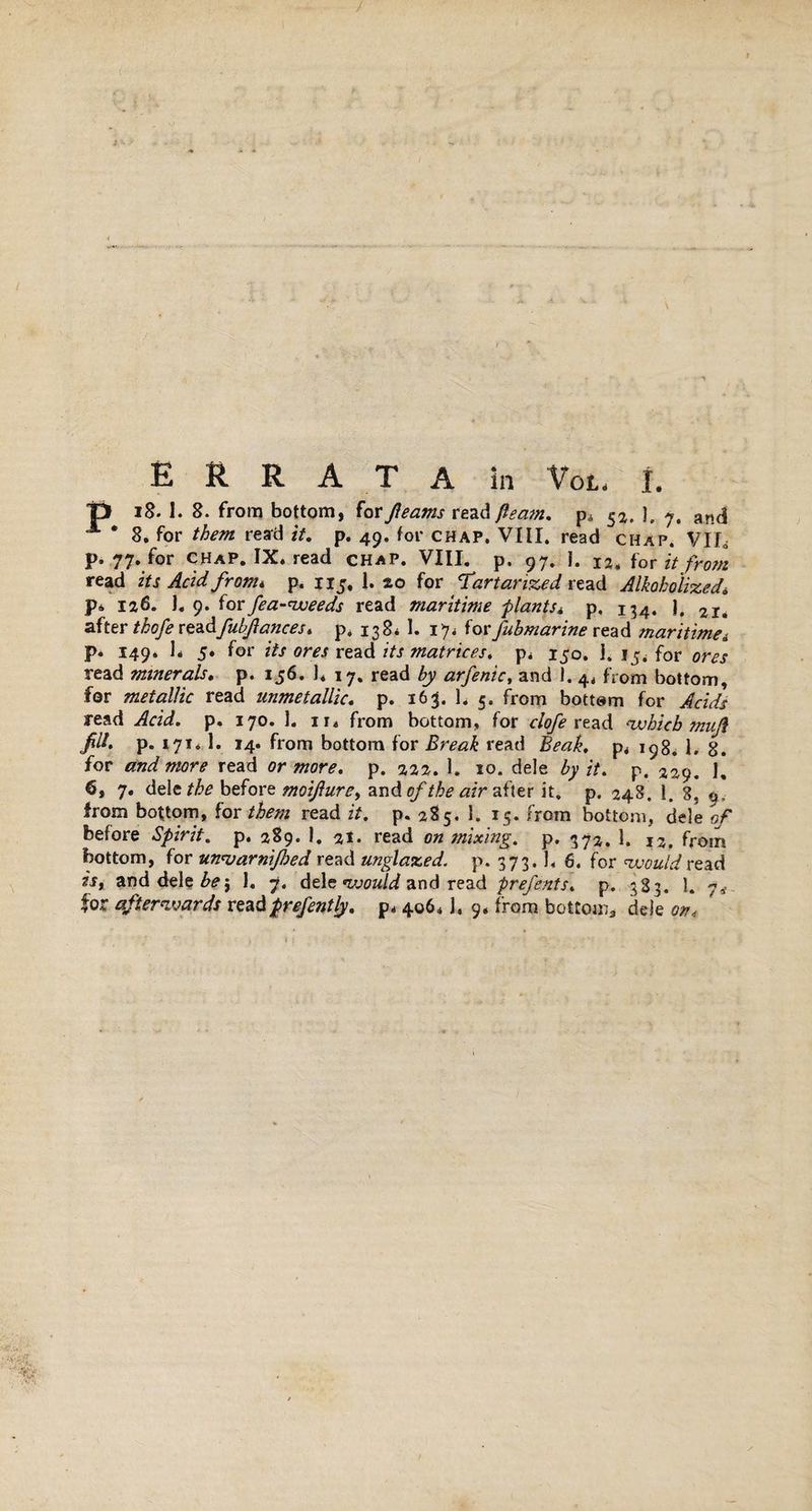 T> 18. 1. 8. from bottom, for fleams read fleam, p* 52. 1, 7. and A * 8. for them read it. p. 49. for chap. VIII. read chap. VI I, p. 77. for chap. IX. read chap. VIII. p. 97. j. I2. for it from read its Acid from* p. nj, 1. *0 for , Tartanzed read Alkoholized* P» 126. ]. 9. forfea-weeds read maritime plants* p. 134. J, 2i. after thofe 'cçzàfubflances. p. 138* I. I'y. for fubmarine read maritime* p. 149* lé 5# for its ores read its matrices. pé 150. i. ij^for ores read minerals. p. 156. 1* 17, read by arfenic, and 1. 4, from bottom, for metallic read unmetallic. p. 163. 1. 5. from bottom for Acids read Acid. p. 170. 1. 11* from bottom, for reread which mufl fill. p. 171, 1. 14. from bottom for Break read Beak, p, 198^ 1. 8. for and more read or more. p. 222. 1. 10. dele by it. p. 229. 1, 6, 7. del tthe before moiflurcy and of the air after it. p. 248. 1. 8, 9, from bottom, {ox them read it. p. 285. 1. 15. from bottom, dele of before Spirit, p. 289. 1. 2*. read on mixing, p. 372. Î. 12. from bottom, for un'vamifhed read unglazed, p. 373.1, 6. for would read isy and dele be, 1. 7. dele would and read prefents. p. 3S3. 1. 7,. for afterwards readprefently. p, 406* 1, 9. from bottom., dele on,