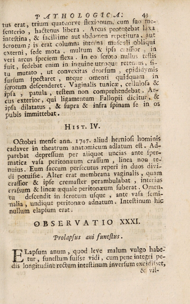 tm erat trium quatuorve flexionum, cum fuo me- fentedo , haftenus libera . Arcus protegebat laxa inreftina, & facillime aut abdomen repet-tuta, aut Icrotum ; is erat columna intem mufcjh obliqui externi, fede mota , multum &: ipfa c>afflor , m veri arcus fpeciem flexa . In eo feroto nullus telhs fnit fedebat enim in inguine utroque retemus, si¬ tu mutato , ut convexitas deorfum epididymis furfum Ipeclaret , neque omenti quidquam in icrotum defeenderet. Vaginalis tume*, ceilnlola. SC jpfa , patula , teftem non comprehendebat. Ar¬ cus exterior, qui ligamentum Fallopn dicitur, oC ipfa dilatatus , & fupra & infra fpinam ie m os pubis immittebat. Htst. IV♦ Octobri menfe ann. 1747* aliud hermofi cadaver in theatrum anatomicum acilatum eit. Ad- parebat depreflum per aliquot uncias ante iper- matica vafa peritoneum cratium , linea noa te¬ nuius. Eum faecum perfecutus reperi m duos divi¬ di potuifse. Alter erat membrana vaginalis , quam craflior & ipfe cremalter . perambulabat , interius crafsum & lineas aequale peritoneum fuberat. Omen, tu defeendit in icrotum ufque , ante yaia omi¬ nalia , undique peritonaeo adnatum. Inteltinum nic nullum dapium erat. OBSERVATIO XXXI. Trolapfus ani funeJlus. T7 Lapfum anum 3 quod leve malum vulgo habe- tur 3 funeltum fuifse vidi, cum pene integri pe¬ dis longitudine redum inteltinum inverfum excidi tset,  & vil-