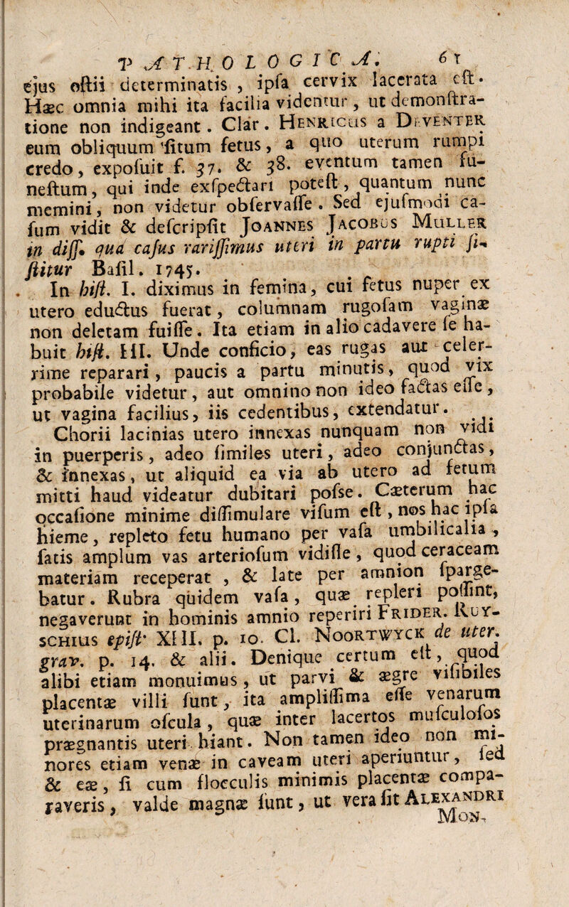 ejus oftii determinatis , ipfa cervix lacerata eft* Hasc omnia mihi ita facilia videntur, ut demonltra- tione non indigeant. Clar. Henrlcus a Diventer eum obliquum 'litum fetus, a qn° uterum rumpi credo, expofuit f. 57* & 3^* eventum tamen fu- neftum, qui inde exfpedhri poteli, quantum nunc memini, non videtur obfervafle . Sed ejuimoai ca- fum vidit & defcriplit Jqannes Jacobgs Muller in diff* qua caJus rarijjimus uteri in partu rupti ji-* ftitur Bafil. 1745* In bift. I. diximus in femina, cui fetus nuper ex utero edudlus fuerat, columnam rugolam vaginae non deletam fuifTe. Ita etiam in alio cadavere ie ha¬ buit bift. lil. Unde conficio, eas rugas aut celer¬ rime reparari, paucis a partu minutis, quod vix probabile videtur, aut omnino non ideo fadas eilc, ut vagina facilius, iis cedentibus, extendatur. Chorii lacinias utero innexas nunquam non vidi in puerperis, adeo fimiles uteri, adeo conjunctas, Bc innexas, ut aliquid ea via ab utero ad fetum mitti haud videatur dubitari pofse. Ceterum hac occafione minime didimulare vifum eft , n©s hac lpia hieme, repleto fetu humano per vafa umbilicalia , fatis amplum vas arteriolum vidifle, quod ceraceam materiam receperat , & late per amnion iparge- batur. Rubra quidem vafa, qu^ repleri podint, negaverunt in hominis amnio reperiri Frider. Ku y- schius spift* XIII. p. 10. Cl. Noortwyck de uter, erav. p. 14. & alii. Denique certum e It, quod alibi etiam monuimus, ut parvi & a?gre vihbiles placentas villi funt, ita ampliffima effe venarum uterinarum ofcula , quas inter lacertos mulcu o os praegnantis uteri hiant. Non tamen ideo non mi¬ nores etiam venas in caveam uteri aperiuntur, e & , fi cum flocculis minimis placentas compa¬ raveris, valde magnas funt, ut vera fit Alexandri