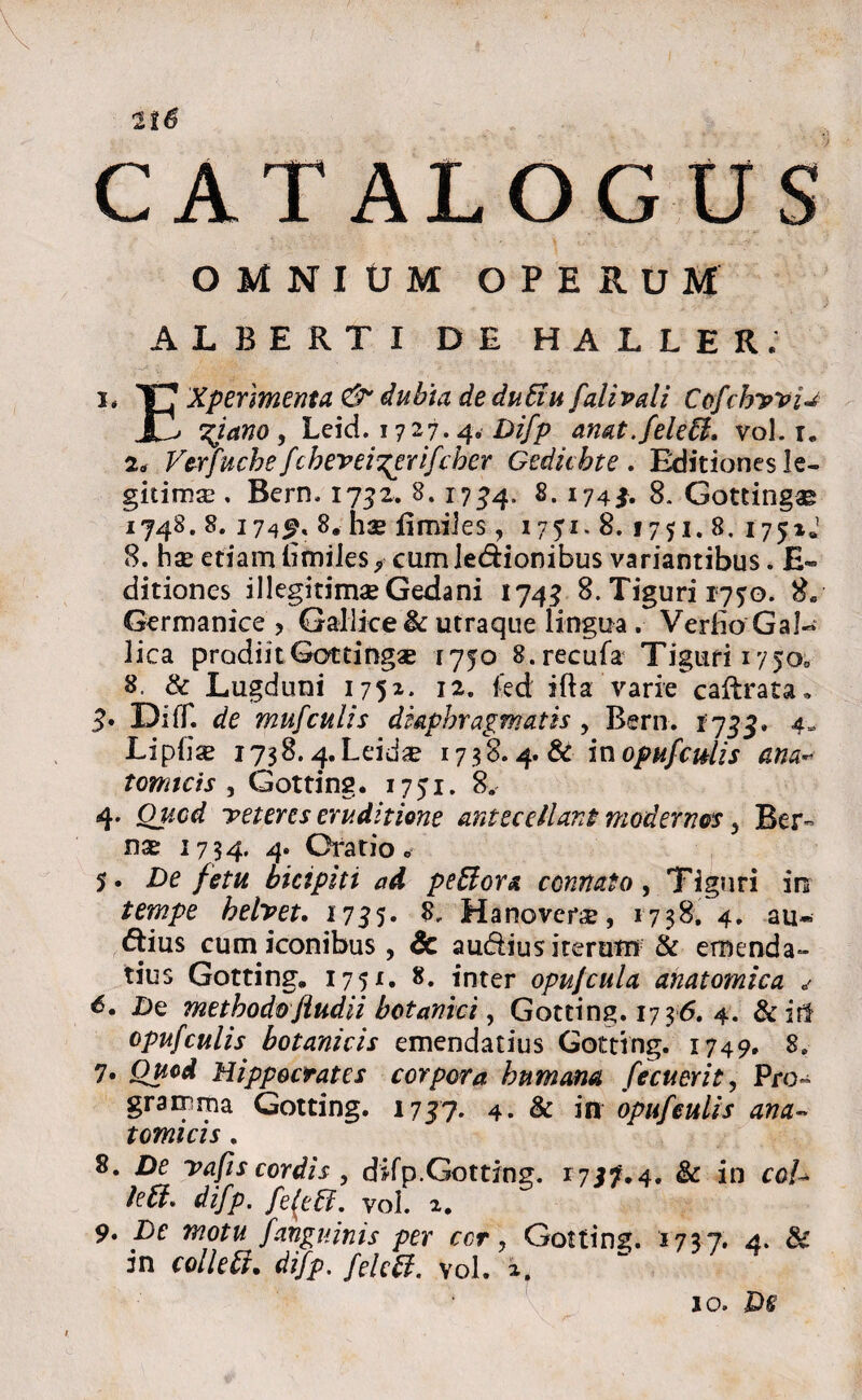 CATALOGUS OMNIUM OPERUM ALBERTI DE HALLER. i» Xpermenta & dubia dedubiu falivdi Cofchvvij 'Ziano , Leid.1727.^Difp anat.feleff. vol. r. 2a Vcrfuche fchevei^erifcher Gedkhte . Editiones le¬ gitimae , Bern. 1732. 8.1734. 8.174$. 8. Gotting® 1748. 8. 174(9, 8. hsE fimiies, 1771. 8. 1751. 8. 175»«! 8. h® etiam Smiles* cumledionibus variantibus. E- ditiones illegitimae Gedani 174$ 8. Tiguri 1770. 8« Germanice > Gallice & utraque lingua . Verlio Gal¬ lica prodiitGotting® 1770 S.recufa Tigtirii7)Os 8. & Lugduni 1752. 12. kd ifla varie caftrata. DifT. de mufculis diaphragmatis, Bern-. 4» Lipfiae 1738.4»Leid® 1738.4. & in opufculis ana- tomicis , Gotting. 1751. 8. 4. reteres eruditione antecellant modernos 5 Ber~ nse 1734* 4e Oratio» 5. De fetu bicipiti ad peElor* connato, Tiguri in belvet. 1735. & Hanoverse, 1738. 4. au¬ sius cum iconibus, & audius iterum & emenda¬ tius Gotting. 175x. 8. inter opujcula anatomica * 6. De methodo fludii botanici, Gotting. 1736. 4. &irf opufculis botanicis emendatius Gotting. 1749, 8» 7. Ouod Hippocrates corpora humana fecuerit, Pro¬ gramma Gotting. 17J7. 4. & in opufculis ana- tomicis. 8. De vafts cordis , difp.Gotting. 17*7.4. & in coU leti. difp. fe(eff. vol. 2. 9. De motu fanguinis per cor. Gotting. 2737. 4. &