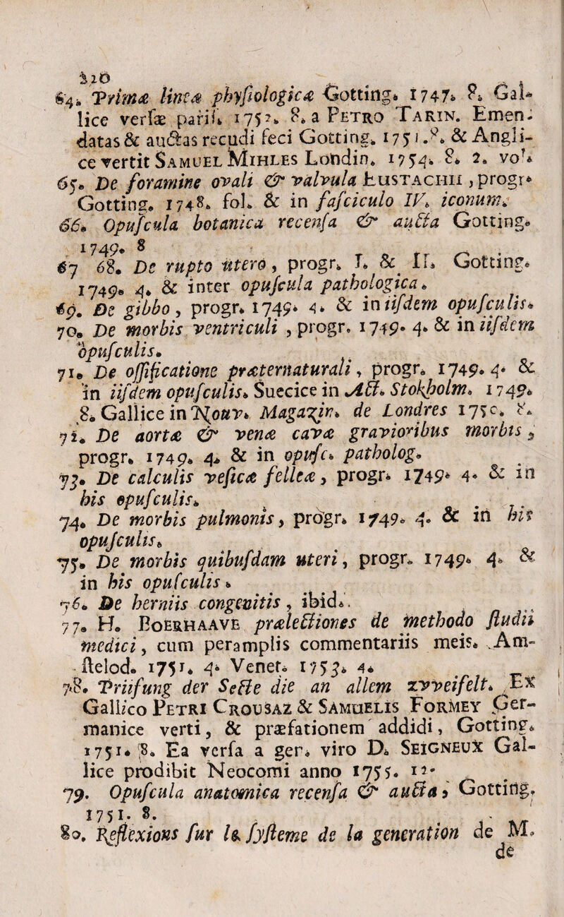 64» Trima lines phyfwlogics -Gottingb 1747* 8* Gai* lice verfse pafiG 175g^ 8. a Petro Tarin. Emen¬ datas & au£hsrecudi leci Gotting* 175*-E &Angli- ce vertit SamuelMihees Londin. 1754. 8. i. voT* 65« De foramine ovali & valvula Eustachii , progr* Gotting. 174S. foL & in fafciculo IK iconum\ ^■5» Opufcula botanica recenfa & avita Gotting* 1749* 8 67 68. De rupto utero, progr. E & IL Gotting. 1749. 4. & inter opufcula pathologica* 69. De gibbo, progr* 1749* 4* & inlifdtm opufcuhs* 70. De morbis ventriculi , progr. 1749« 4* & in iifdem opufculis• 71. De offificatione pr st ematur ali, progre 174 9* 4* & 'in iifdem opufculis* Suecice in Att* Stok&olm* 1749* 8* Gallice inMagagin. de Londres 1750. cv. 7 2. De <*orta €7“ ?e«<e gravioribus morbis 5 progr. 1749. 4* & in opufc* patholog» vj. De calculis vefics fellea y progr* 1749* 4* & 10 &A epufculis* . 74. De morbis pulmonisy progr. 1749* 4. & in «f opufculis* 75% De morto quibufdam uteri, progr. 1749. 4, & in his opufculis* 76. De herniis congenitis, ibid*. .. 77. H. Eohrhaave pradeptiones de methodo jludii medici, cum peramplis commentariis meis. An> itelod. 1751. 4* Veneto 1753* 4* , 7.8. Triifung der ScHe die an allem zvveifelt. Gallico Petri Crousaz & Samuelis Formey Ger¬ manice verti, & praefationem addidi, Gotting* 1751*58. Ea vcrfa a ger* viro D* Seigneux Gal¬ lice prodibit Neocomi anno 1755. I1# 79. Opufcula anatomica recenfa & auPta^ Gottitlg. 17 51 - 8. f io. Fpftexions fur U fyfieme de la generation de M* de