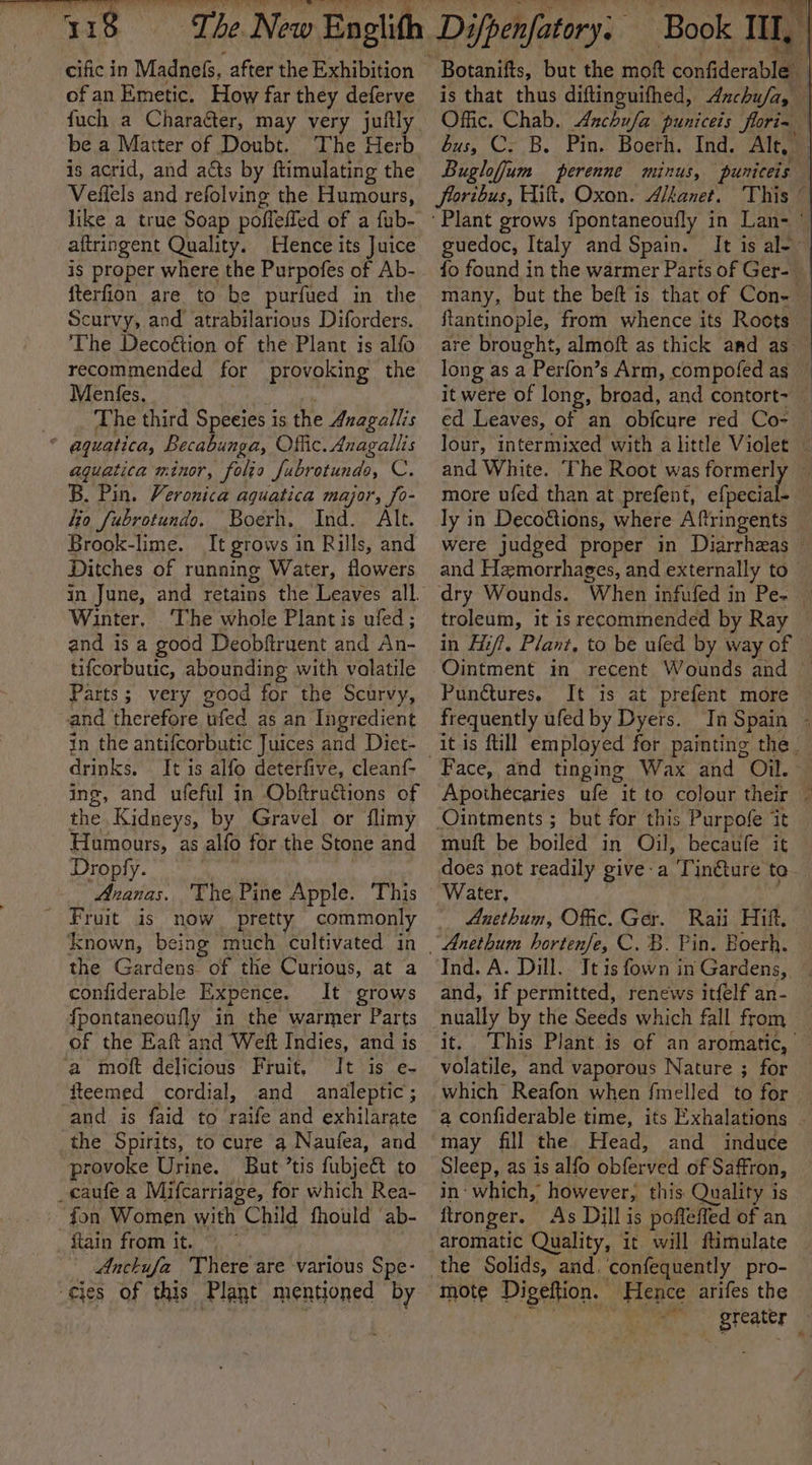 cific in Madnefs, after the Exhibition of an Emetic. How far they deferve fuch a Character, may very juflly be a Matter of Doubt. The Herb is acrid, and atts by ftimulating the Veffels and refolving the Humours, like a true Soap poffeffed of a fub- aftringent Quality. Hence its Juice is proper where the Purpofes of Ab- fterfion are to be purfued in the Scurvy, and atrabilarious Diforders. The Decoétion of the Plant is alfo recommended for provoking the Menfes. The third Speeies is the Anagallis  aquatica, Becabunga, Offic. Anagallis aguatica minor, folio Jubrotunds, C. B. Pin. Veronica aquatica major, fo- fio fubrotundo. Boerh, Ind. Alt. Brook-lime. It grows in Rills, and Ditches of running Water, flowers Winter. ‘The whole Plant is ufed; and is a good Deobftruent and An- tifcorbutic, abounding with volatile Parts; very good for the Scurvy, and therefore wfed as an Ingredient in the antifcorbutic Juices and Diet- drinks. It is alfo deterfive, cleanf- as and ufeful in ObftruGtions of the Kidneys, by Gravel or flimy Humours, as alfo for the Stone and Dropfy. Ananas. The Pine Apple. ‘This | Fruit is now pretty commonly known, being much cultivated in the Gardens of the Curious, at a confiderable Expence. It grows fpontaneoufly in the warmer Parts of the Eaft and Weft Indies, and is ‘a moft delicious Fruit, It is e- ‘fteemed cordial, and analeptic; and. is faid to raife and exhilarate the Spirits, to cure a Naufea, and provoke Urine. But ’tis fubjeét to _caufe a Mifcarriage, for which Rea- fon Women with Child fhould ‘ab- ftain from it. Anckufa ‘There are various Spe- cies of this Plant mentioned by ee * Book TI, Botanifts, but the moft tonfiderablam ‘ | is that thus diftinguifhed, Anchufa, — Offic. Chab. Anchufa puniceis flori- bus, C. B. Pin. Boerh. Ind. Alt, froribus, Hilt. Oxon. Alkanet. guedoc, Italy and Spain. It is al~ fo found in the warmer Parts of Ger- many, but the beft is that of Con- ftantinople, from whence its Roots — are brought, almoft as thick and as long as a Perfon’s Arm, compofed as — it were of long, broad, and contort- — ed Leaves, of an obfcure red Co- and White. more ufed than at prefent, efpecia ly in Decoétions, where Aftringents were judged proper in Diarrheas and Hemorrhages, and externally to dry Wounds. troleum, it is recommended by Ray in Hi/?, Plant, to be ufed by way of Punétures. frequently ufed by Dyers. In Spain - Face, and tinging ‘Ointments ; but for this Purpofe it muft be boiled in Oil, becaufe it does not readily give a Tinéture to- Water, 4Anethum, Offic. Ger. Raii Hift, Ind. A. Dill. and, if permitted, renews itfelf an- it. This Plant is of an aromatic, volatile, and vaporous Nature ; for which Reafon when fmelled to for a confiderable time, its Exhalations - may fill the Head, and induce Sleep, as is alfo obferved of Saffron, in: which, however, this Quality is ftronger. As Dill is pofleffed of an aromatic Quality, it will ftimulate _ mote Digettion.. Hence arifes the greater