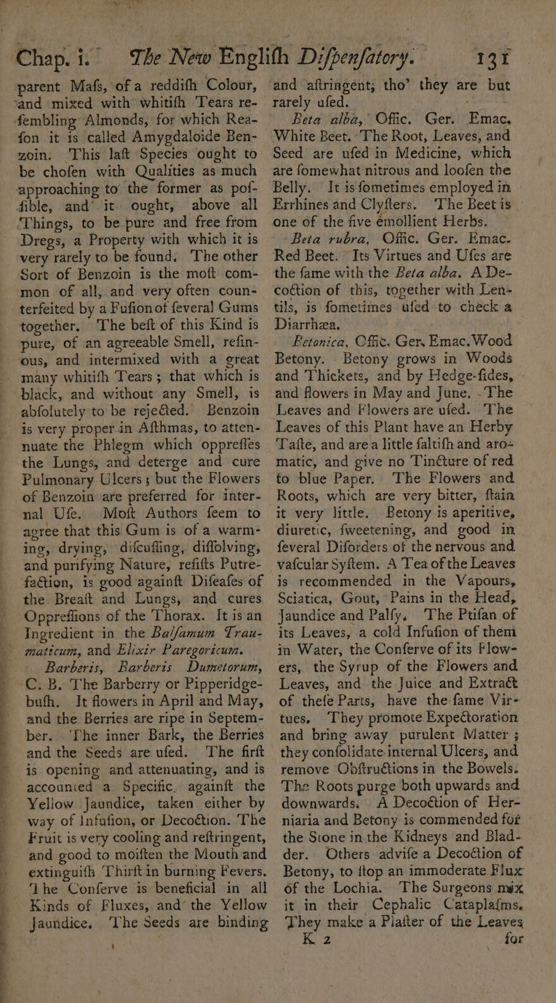 Se ee oe ee ee ee ee ee _— fon it 1s called Amygdaloide Ben- zoin: ‘This laft Species ought to be chofen with Qualities as much approaching to the former as pof- fible, and’ it ought, above all Dregs, a Property with which it is very rarely to be found. ‘The other Sort of Benzoin is the moft com- mon of all, and very often coun- terfeited by a Fufionot feveral Gums together. The beft of this Kind is pure, of an agreeable Smell, refin- ous, and intermixed with a great many whitifh Tears ; that which is black, and without any Smell, is abfolutely to be reje&amp;ted. Benzoin is very proper in Afthmas, to atten- nuate the Phlegm which oppreffes the Lungs, and deterge and cure Pulmonary Uicers; but the Flowers of Benzoin are preferred for inter- nal Ufe. Mott Authors feem to agree that this Gum is of a warm- ing, drying, difcufling, diffolving, and purifying Nature, refifts Putre- fa&amp;tion, is good againft Difeafes of the Breaft and Lungs, and cures Oppreflions of the Thorax. It is an Ingredient in the Bal//amum Trau- maticum, and Elixir Paregoricum. Barberis, Barberis Dumetorum, C. B. The Barberry or Pipperidge- bufh. It flowers in April and May, and the Berries are ripe in Septem- ber.. The inner Bark, the Berries and the Seeds are ufed. The firft is opening and attenuating, and is accounied a Specific, againft the Yeliow Jaundice, taken either by way of Infufion, or Decoétion. The Fruit is very cooling and reftringent, and good to moiften the Mouth and extinguifh Thirftin burning Fevers. ‘The Conferve is beneficial in all Kinds of Fluxes, and’ the Yellow Jaundice, The Seeds are binding 13T rarely ufed. Beta alba, Offic. Ger. Emac, White Beet. The Root, Leaves, and Seed are ufed in Medicine, which are fomewhat nitrous and loofen the Belly. It is fometimes employed in Errhines and Clyfters. ‘The Beet is one of the five emollient Herbs. Beta rubra, Offic. Ger. Emac. Red Beet. “Its Virtues and Ufes are the fame with the Beta alba. A De- coction of this, together with Len- tils, is fometimes ufed to check a Diarrhea. Betonica, Off. Ger. Emac. Wood Betony. Betony grows in Woods and Thickets, and by Hedge-fides, and flowers in May and June. .The Leaves and Flowers are ufed. The Leaves of this Plant have an Herby Tafte, and area little faltifh and aro matic, and give no Tinéture of red to blue Paper. The Flowers and Roots, which are very bitter, ftain it very little. Betony is aperitive, diuretic, fweetening, and good in feveral Diforders of the nervous and vafcular Syftem. A Tea of the Leaves is recommended in the Vapours, Sciatica, Gout, Pains in the Head, Jaundice and Palfy, The Ptifan of its Leaves, a cold Infufion of them in Water, the Conferve of its Flow- ers, the Syrup of the Flowers and Leaves, and the Juice and Extract of thefe Parts, have the fame Vir- tues. They promote Expectoration and bring away purulent Matter ; they confolidate-internal Ulcers, and remove Obftruétions in the Bowels. The Roots purge both upwards and downwards. A Decoétion of Her- niaria and Betony is commended for the Stone in the Kidneys and Blad- der. Others advife a Decodtion of Betony, to ftop an immoderate Flux of the Lochia. The Surgeons max it in their Cephalic Cataplaims, They make a Piafter of the Leaves K 2 for