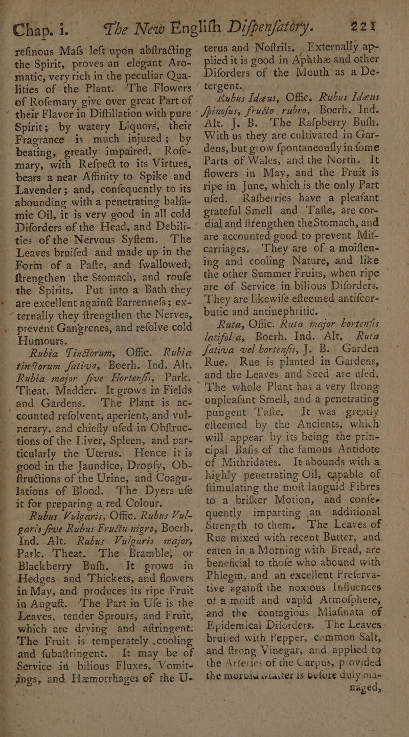 + . Chap. i. the Spirit, proves an elegant Aro- “matic, very rich in the peculiar Qua- lities of the Plant. “The Flowers Spirit; by watery Liquors, their Fragrance is much injured; by beating, greatly impaired. Rofe- mary, with Refpect to its Virtues, bears a near Affinity to Spike and Lavender; and, confequently to its abounding with a penetrating balfa- mic Oil, it is very good in all cold Leaves bruifed and made up in the Form of a Pafte, and fwallowed; ftrengthen ‘the Stomach, and roufe the Spirits. Put into a Bath they are excellent againft Barrennefs; ex- Humours. Rubia Tin&amp;orum, Offic. Rubia tinforum fativa, Boerh. Ind. Alt. Rubia major five Hortenfis, Park. Theat. Madder. It grows in Fields and Gardens. The Plant is ac- OS ele ee sa A es gn NS KP nerary, and chiefly ufed in Obftruc- tions of the Liver, Spleen, and par- ticularly the Uterus. Hence it is ftruétions of the Urine, and Coagu- lations. of Blood. The Dyers ufe it for preparing.a red Colour, — Rubus Vulgaris, Offic. Rubus Vul- Ind. Alt. Ruéus Vulgaris major, Park. Theat. The Bramble}. or Blackberry Bufh. It grows in in May, and produces its ripe Fruit Leaves, tender Sprouts, and Fruit, which are drying and aftringent. The Fruit is temperately .cooling terus and Noftrils. . Pxternally ap- plied it is good in Aphthz and other tergent. oh is Rubus Ideus, Offic, Rubus Ideus Alt. J. B. The Rafpberry Buth. With us they are cultivated in Gar- dens, but grow fpontaneoufly in fome Parts of Wales, andthe North. It flowers in May, and the Fruit is ripe in June, which is the only Part ufed. Rafberries have a pleafant grateful Smell and. Tafte, are cor- dial and itfengthen theStomach, and are accounted good to prevent Mit- carriages. ‘They are of a moiften- ing and cooling Nature, and like the other Summer Fruits, when ripe — are of Service. in bilious Diforders, They are likewifeefteemed antifcor- - butie and antinephritic. — Ruta, Offic. Ruta major hortenjis latifolia, Boerh. Ind, Alt. Ruta fativa vel hortenfis, J. B. Garden Rue. Rue is planted in Gardens, and the Leaves and Seed are uled. unpleafant Smell, and a penetrating pungent Tafle. It was greatly efteemed by the Ancients, which will appear by its being the prin- cipal Bafis of the famous Antidote of Mithridates. It abounds with a highly ‘penetrating Oil, capable of flimulating the moit languid Fibres to a brifker Motion, and confes quently imparting .an additional Strencth to them. The Leaves of Rue mixed with recent Butter, and eaten in a Morning with Bread, are beneficial to thofe who abound with: Phlegm, and an excellent Preferva- of a moift and vapid Atmofphere, and the Contagious Miafmata of Epidemical Diforders. The Leaves. bruiied with Pepper, common Salt, and ftrong Winegar, and, applied to the Arteries of the Carpus, provided the moroidsviaster 1s Before duly ma- naged, -