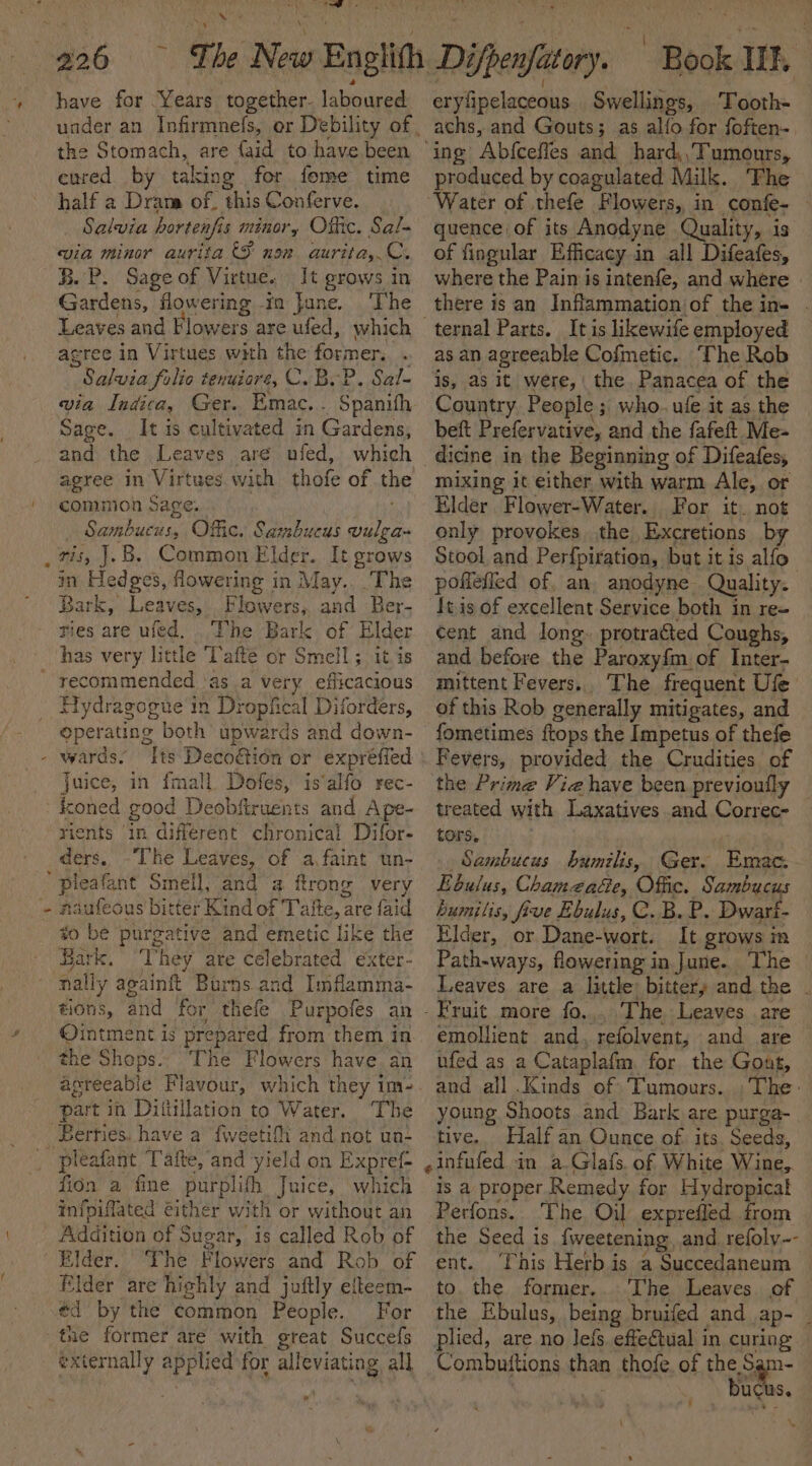 “RT Fat have for Years together. laboured the Stomach, are faid to have been © eured by taking for fome time half a Dram of. this Conferve. Salvia hortenfis minor, Otic. Sal- via minor aurita &amp;S non aurita, C. B. P. Sage of Virtue. It grows in Gardens, flowering in Jane... The Leaves and Flowers are ufed, which | agree in Virtues with the Risen Salvia folic tenuiore, C. BoP. Sal- via Indica, Ger. Emac. . Spanifh Sage. It is cultivated in Gardens, and the Leaves are ufed, which agree in Virtues. with Ente of the common sage. Sambucis, Offic. Sambucus Ahi ris, J. B. Common Elder. It grows in Hedges, flowering in May.. The Bark, Leaves, Flowers, and Ber- ries are ufed. The Bark of Elder has very little Tafte or Smell; it is Hydragogue in Dropfical Diforders, operating both’ upwards and down- Its Decotion or expreéfied juice, in fmall. Dofes, is‘alfo rec- iconed good Deobfiruents and Ape- rients in different chronical Difor- ders. -The Leaves, of a.faint un- § naufesus bitter Kind of Tafte, are faid to be purgative and emetic like the Bark. ‘They are celebrated exter- nally againft Burns and Imflamma- tions, aKa for thefe Purpofes an Ointment is prepared from them in the Sheps. The Flowers have an agreeable Flavour, which they im- part in Diitillation to Water. ‘The fion a fine purplith Juice, which infoiflated either with or without an Addition of Sugar, is called Rob of The Mowers and Rob of Elder are highly and juftly efteem- éd by the common People. For the former are with great Succefs externally applied for vais all Book Ik, erylipelaceous Swellings, Tooth- achs, and Gouts; as allo for foften- ing Abfcefles and hard, Tumours, produced by coagulated Milk. ‘Fhe “Water of ,thefe Flowers, in confe- quence of its Anodyne Quality, is of fingular Efficacy in all Difeafes, where the Pain is intenfe, and where there is an Inflammation of the in+ ternal Parts. Itis likewife employed as an agreeable Cofmetic. The Rob is, as it were, | the. Panacea of the Country People ; ; who. ule it as. the beft Prefervative, and the fafeft Me- -dicine in the Beginning of Difeafes, mixing it either with warm Ale, or Elder Flower-Water. For it. not only provokes, the Excretions by Stool and Perfpiration,. but it is alfo poffefied of. an, anodyne Quality. It is of excellent Service both in re= cent and long. protracted Coughs, and before the Paroxy{m,of Inter- mittent Fevers... The frequent Ufe of this Rob generally mitigates, and fometimes ftops the Impetus of thefe Fevers, provided the Crudities of the Prime Via have been previoufly treated with Laxatives and Correc- tors. Sambucus humilis, Gere Emac.- Ebulus, Chamza&amp;e, Offic. Sambucus humilis, five Ebulus, C.B. P. Dwart- Elder, or Dane- wort. It grows ta Path-ways, flowering in June. The — Leaves are a little bitter, and the . Fruit more fo... The Leaves are emollient and, refolvent, and are ufed as a Cataplafm for the Gout, and all Kinds of Tumours. The: young Shoots and Bark are purga-. tive. Half an Ounce of. its. Seeds, einfufed in a. Glafs. of White Wine, is a proper. Remedy for Hydropicat Perfons. The Oil exprefled el the Seed is en and. refolv-- ent. nis Herb is a Succedaneum to. the former... The Leaves. of the Ebulus, being brnifed and ap- plied, are no lefs. effectual in spine | Combuttions ag thofe. of the S. wT) buds. \ \