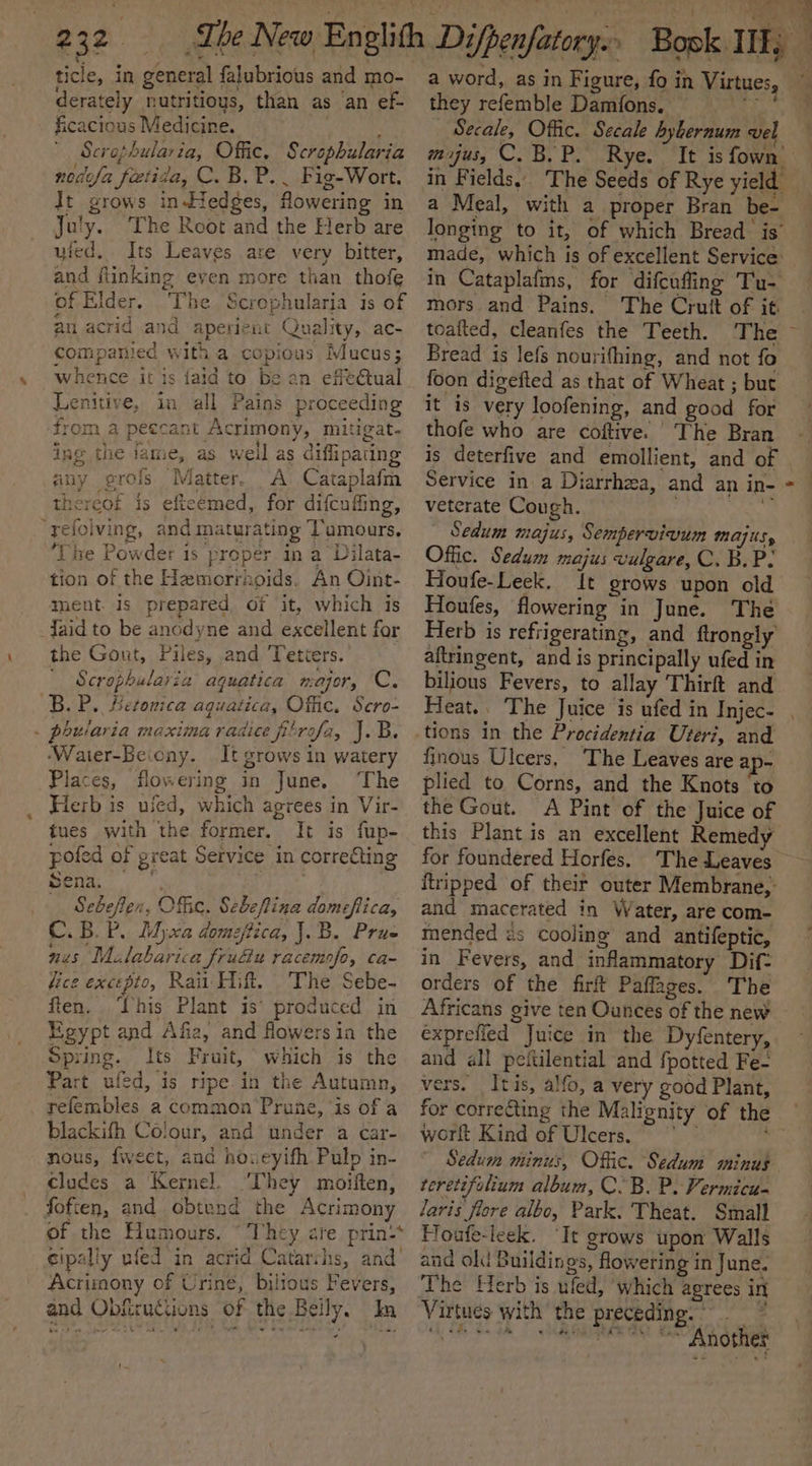 ‘ ticle, in general falubrious and mo- derately nutritious, than as ‘an ef- ficacious Medicine. ; é  Scrophularia, Offic, Scrophularia nodefa fetisza, C.B.P.. Fig-Wort. It grows in-tiedges, flowering in July. The Root and the Herb are yied. Its Leaves are very bitter, and flinking even more than thofe of Elder. ‘The Scrophularia is of an acrid and apereint Quality, ac; companied with a copious Mucus; whence it is {aid to be an effe@ual The Powder 1s proper ment. 1s prepared, of it, which is {aid to be ancdyne and excellent for the Gout, Piles, and Tetters.’ Scrophularia aquatica major, C. BLP. Betonica aquatica, Offic. Scro- ‘Waier-Beicay. It grows in watery Places, flowering in June. The Herb is ujed, which agrees in Vir- tues with the former. It is fup- poted of great Service in correfting Sena. if — Sebeflen, Offic. Sebeftina domefiica, C.B.P. Myxa domeftica, J.B. Prue nis Milabarica fru@u racemofo, ca- fice excepto, Rai Hift. The Sebe- fen. ‘This Plant is’ produced in Egypt and Afia, and flowers in the Spring. Its Fruit, which is the Part ufed, is ripe in the Autumn, refembles a common Prune, is of a blackifh Colour, and under a car- nous, fwecet, and houeyifh Pulp in- cludes a Kernel. ‘They moiften, foften, and obtund the Acrimony Acrimony of Urine, biltous Fevers, and Obfiruciions of the Belly. In a word, as in Figure, fo in Virtues, they refemble Damfons. oe Secale, Offic. Secale hybernum vel mijus, C. BLP. Rye. It is fown’ in Fields. The Seeds of Rye yield a Meal, with a proper Bran be- longing to it, of which Bread is’ made, which is of excellent Service: in Cataplafms, for difcufing Tu- mors and Pains. The Cruit of it. toafted, cleanfes the Teeth. The Bread is lefs nourifhing, and not fo foon digefted as that of Wheat ; but it is very loofening, and good for thofe who are coftive. The Bran is deterfive and emollient, and of Service in a Diarrhza, and an in- veterate Cough. RRS: Sedum majus, Sempervivum majus, Offic. Sedum majus vulgare, C. B. P. Houfe-Leek. It grows upon old Houfes, flowering in June. The Herb is refrigerating, and ftrongly aftringent, and is principally ufed in bilious Fevers, to allay Thirft and Heat.. The Juice is ufed in Injec- tions in the Procidentia Uteri, and finous Ulcers, ‘The Leaves are ap- plied to Corns, and the Knots ‘to the Gout. A Pint of the Juice of this Plant is an excellent Remedy for foundered Horfes. The Leaves © ftripped of their outer Membrane, and macerated in Water, are com- mended 2s cooling and antifeptic, in Fevers, and inflammatory Dif- orders of the firit Paffages. The Africans give ten Ounces of the new | exprefied Juice in the Dyfentery, and all peitilential and {potted Fe- vers. Itis, alfo, a very good Plant, for correcting the Malignity of the wort Kind of Ulcers. | ; ” Sedum minus, Offic. Sedum minus teretifolium album, C.B. P. Vermicu- laris flore albo, Park. Theat. Small Floufe-leck. ‘It grows upon Walls and old Buildings, flowering in June. The Herb is ufed, ‘which agrees in Virtues with the preceding. ‘ eee $&lt; it eat AER Baw Another