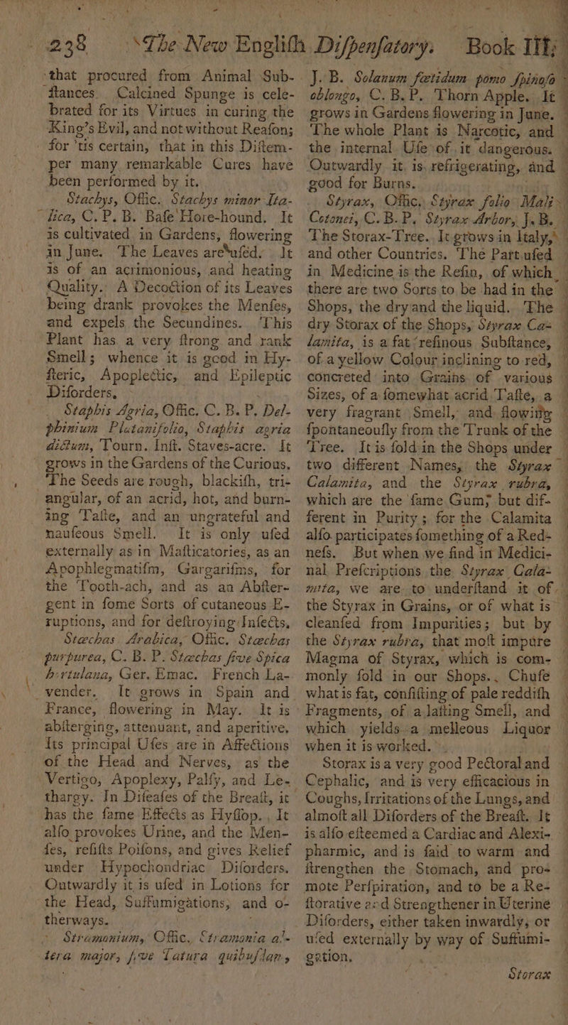 \ , \ - ‘ S - that procured from Animal Sub- “Htances.. Calcined Spunge is cele- brated for its Virtues in curing the King’s Evil, and not without Reafon; . for “tis certain, that in this Diftem- been performed by it. Stachys, Offic. Stachys miaor Mta- “fica, C. P. B. Bafe Hore-hound, Ic is cultivated in Gardens, flowering in June. The Leaves are‘ufedy | Jt is of an acrimonious, and heating Quality.. A Decoétion of its Leaves being drank provokes the Menfes, and expels the Secundines. ‘This Plant has. a very ftrong and rank Smell; whence it is gcod in Hy- fieric, Apoplectic, and Epileptic Diforders, Staphis Agria, Offic. C. B. P. Del- phinium Platanifolio, Staphis agria dium, Tourn. Inft. Staves-acre. It grows in the Gardens of the Curious, The Seeds are rough, blackifh, tri- angular, of an acrid, hot, and burn- ing ‘Talte, and an ungrateful and naufeous Smell. It is only ufed externally as in Mafticatories, as an Apophlegmatifm, Gargarifms, for the ‘Tooth-ach, and as an Abfter- gent in fome Sorts of cutaneous E- ruptions, and for deftroying: Infects, Stechas. Arabica, Offic. Stechas purpurea, C. B. P. Stachas five Spica _ Asrtulana, Ger. Emac. French La- _vender. It grows in Spain and France, flowering in May. It is abitergine, attenuant, and aperitive, {ts principal Ufes are in AffeCions of the Head and Nerves, as the Vertigo, Apoplexy, Palfy, and Le has the fame Effe&amp;ts as Hyflop. , It alfo provokes Urine, and the Men- fes, refifts Poifons, and gives Relief under Hypechondriac Diforders. Outwardly it 1s ufed in Lotions for the Head, Suffumigations, and o- therways. Stramonium, Offic. Stramania als tera major, fve Tatura quibuflan, ~ » J.B. Solanum fetidum pomo fpinolo ‘ oblongo, C. BP. Thorn Apple, It grows in Gardens flowering in June. The whole Plant is Narcotic, and the internal. Ufe of it dangerous. — good for Burns. aby Styrax, Offic. Styrax folio Mali Cotonei, C.B.P, Styrax Arbor, J.B. The Storax-Tree., It grows in Italy,* | and other Countries. ‘The Part.ufed — in Medicine isthe Refin, of which __ there are two Sorts to be had in the | Shops, the dry and the liquid. The dry Storax of the Shops, Séyrax Ca= lamita, is a fat‘refinous Subftance, — of a yellow Colour inclining to red, concreted into Grains. of various © Sizes, of a fomewhat acrid. Tafte, a very fragrant Smell, and, flowity {pontaneoufly from the Trunk of the © ‘Tree. It is foldin the Shops under © two different Names, the Sgrax Calamita, and the Styrax rubra, © which are the fame Gum; but dif- — ferent in Purity; for the Calamita — alfo. participates fomething of aRed- _ nefs. But when we find in Medici- © nal. Prefcriptions the, Styrax Cala~ — mita, we are to underftand it of the Styrax in Grains, or of what is’ — cleanfed from Impurities; but by — the Styrax rubra, that molt impure — Magma of Styrax, which is com- | monly fold in our Shops.. Chufe ~ what is fat, confifting of palereddifh — P 4 ‘ i 4 i f \ \ | y . i which yields a melleous Liquor when it is worked. , Storax isa very good Pectoraland — Cephalic, and is very efficacious in Coughs, Irritations of the Lungs, and almoft all Diforders of the Breaft. It is alfo efteemed a Cardiac and Alexi- pharmic, and is faid to warm and itrengthen the Stomach, and pro- mote Perfpiration, and to be a Re- florative end Streagthener in Uterine © Diforders, either taken inwardly; or — u‘ed externally by way of Suffumi- — gation, , : Storax