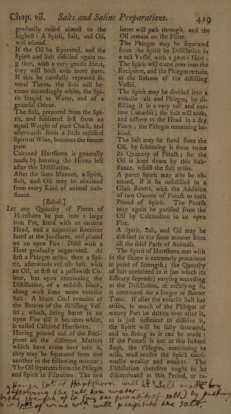 gradually raifed almoft to the + g.ther, with a very gentle Heat, If this be carefully repeated fe- veral Times, the Sale will be- rit limpid as Water, and of a grateful Odour. Pmt The Salt, prepared from the Spi- rit, and fublimed firft from an- equal Weight of pure Chalk, and afterwards from a little rectified Spiritof Wine, becomes the fooner pure. Prag 5 ; Calcined Hartfhorn is generally made by burning the -Horns left. After the fame Mannef, a Spitit, Salt, and, Oil may be obtained from every Kind of animal Subs . flance. . } aoe Cs ene | | Let any Quantity of' Pieces of Hartfhorn be put into a large luted at the Junctures, and placed on an open Fire: Diftil with a Heat gradually augmented. .At firft a Phlegm arifes, then a Spi- tit, afterwards volitile Salt, with lour, but upon continuing the Diftillation, of a reddith black, along with fothe mofe volatile open Fire till it bécormes white, pient all the different Matters which have come over into it, they may be feparated from one another in the following manner ; and Spirit in F iltration: The two phrerghhh : latter will pafs through, and ‘the Oil remain on the Filter. ai The Phlegm may be feparated from the Spirit by Diftillation in The Spirit will come over into thé at the Bottom of the diftilling Wetlel in ats: icine The Spirit may be divided into a volatile Salt and Phlegm, by di- filling it in a very tall and nar- and adhere to the Head ina dry Form ; the Phlegm remaining be» hind. ves The Salt may be freed from the Oil, by fubliming it from twice its Quantity of Potafh; for the flance, whilft the Salt arifes. _ A purer. Spirit may alfo be oba of two Otinces of Potath to each Pound of Spirit. The Potath may again be purified from the Oil by Calcination in an open Fire. te A Spirit, Salt, and Oil may be ‘The Spirit of Harthhorn met with h-ty OF - sot) wk 4 7 \ J