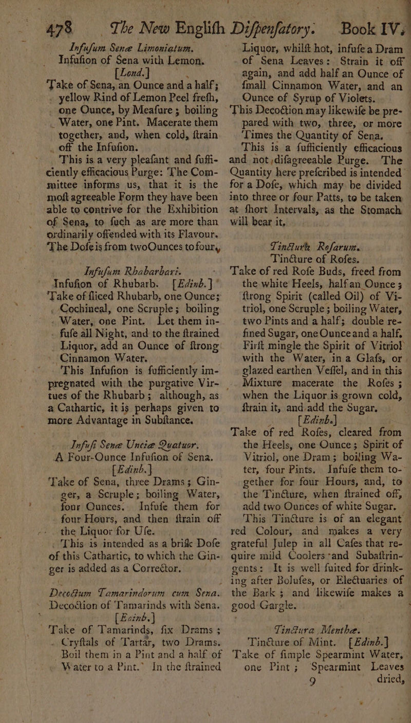 Infufum Sen Limoniatum. Infufion of Sena with Lemon. ; [Lond.] wl ‘Take of Sena, an Ounce and a half; - yellow Rind of Lemon Peel frefh, . one Ounce, by Meafure ; boiling _ Water, one Pint. Macerate them together, and, when cold, ftrain . off the Infefion. This is a very pleafant and fuffi- ciently efficacious Purge: The Com- mittee informs us, that it is the moft agreeable Form they have been able to contrive for the Exhibition of Sena, to fuch as are more than ordinarily offended with its Flavour. ‘The Dofe is from twoOunces to four, ' Lnfufum Rhabarbari. Infufion of Rhubarb. [Edinb.] Take of fliced Rhubarb, one Ounce; . Cochineal, one Scruple; boiling . Water, one Pint. Let them in- _ fufe all Night, and to the ftrained Liquor, add an Ounce of ftrong’ Cinnamon Water. ‘ This Infufion is fufficiently im- tues of the Rhubarb; although, as a Cathartic, itis perhaps given to more Advantage in Subftance. Infufi Sen Uncie Quatuor. A Four-Ounce Infufion of Sena. [Edinb.} Take of Sena, three Drams; Gin- ger, a Scruple; boiling Water, four Qunces. Infufe them for four Hours, and then {train off the Liquor for Ufe. . This is intended as a bri Dofe of this Cathartic, to which the Gin- ger is added as a Corrector, Decofium Tamarindorum cum Sena. ~ Decostion of ‘Tamarinds with Sena. , [Eainb.| ''Take of Tamarinds, fix Drams : . Cryftals of Tartar, two Drams. Boil them in a Pint and a half of Water to a Pint.” In the ftrained Book a Liquor, whilft hot, infofea Dram _ of Sena Leaves: Strain it off again, and add half an Ounce of {mall Cinnamon Water, and an Ounce of Syrup of Violets. This Decoétion may likewife be pre- pared with two, three, or more ‘Times the Quantity of Sena. This is a fufficiently efficacious and not ,difagreeable Purge. The Quantity here prefcribed is intended for a Dofe, which may be divided into three or four Patts, te be taken at fhort Intervals, as the Stomach will bear it, Tin&amp;ure Refarum. Tin@ure of Rofes. Take of red Rofe Buds, freed from the white Heels, halfan Ounce ; {trong Spirit (called Oil) of Vi- triol, one Scruple ; boiling Water, — two Pints and a half; double re- fined Sugar, one Ounceand a half. Firlt mingle the Spirit of Vitriol with the Water, in a Glafs, or. glazed earthen Veffel, and in this Mixture macerate the Rofes ; when the Liquor is grown cold, {train it, and add the Sugar. oo» [Edinb] Take of red Rofes, cleared from the Heels, one Ounce; Spirit of Vitriol, one Dram; boi{ing Wa- ter, four Pints. Infufe them to- gether for four Hours, and, to» the Tinéture, when ftrained off, add two Ounces of white Sugar. — This Tinture is of an elegant red Colour, and makes a very grateful Julep in all Cafes that re- quire mild Coolers-and Subaftrin- gents: It is well fuited for drink- ing after Bolufes, or Electuaries of the Bark ; and likewife makes a good Gargle. ' TinGura Menthe. Tin€ture of Mint. [ Edinb.) Take of fimple Spearmint Water, . one Pint; Spearmint Leaves — 9 dried,
