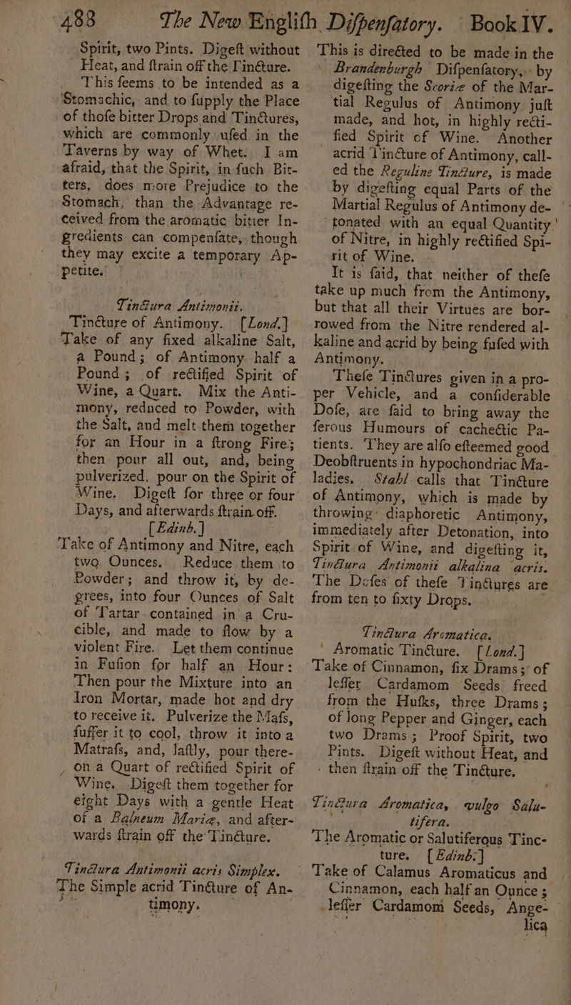 Spirit, two Pints. Digeft without - Heat, and ftrain off the Fin@ure. _ This feems to be intended as a Stomachic, and to fupply the Place of thofe bitter Drops and Tin@ures, which are commonly ufed in the Taverns by way of Whet. I am afraid, that the Spirit, in fuch Bis- ters, does more Prejudice to the Stomach, than the Advantage re- ceived from the aromatic bitter In- gredients can compenfate, though they may excite a temporary Ap- petite.: ) Tin@ura Antimonit. Tinéture of Antimony. [Lond.] Take of any fixed alkaline Salt, a Pound; of Antimony. half a Pound; of reGiffed Spirit of Wine, a Quart. Mix the Anti- mony, reduced to Powder, with the Salt, and melt them together for an Hour in a {trong Fire} then pour all out, and, being pulverized, pour on the Spirit of Wine, Days, and afterwards ftrain off. | [ Edinb.) . ‘Take of Antimony and Nitre, each two, Ounces. Reduce them to Powder; and throw it, by de- grees, into four Ounces of Salt of Tartar contained in’ a Cru- cible, and made to flow by a violent Fire. Let them continue in Fufion for half an Hour: Then pour the Mixture into an tron Mortar, made hot and dry to receive it. Pulverize the Mafs, fuffer it to cool, throw it into a Matrafs, and, laftly, pour there- on a Quart of rectified Spirit of Wine. Digeft them together for eight Days with a gentle Heat of a Balneum Maria, and after~ wards ftrain off the’ Tin@ure. Tin&amp;ura Antimanii acris Simplex. The Simple acrid Tin@ure of An- ie) timony. This is dire&amp;ted to be made in the | Brandenburgh Difpenfatory,. by digefting the Scorie of the Mar- tial Regulus of Antimony. juft made, and hot, in highly reéti- fied Spirit of Wine. Another acrid ‘l'in@ture of Antimony, call- ed the Reguline Tinéture, is made by digefting equal Parts of the t of Nitre, in highly re€tified Spi- rit of Wine. | ‘Tt is faid, that neither of thefe take up much from the Antimony, but that all their Virtues are bor- rowed from the Nitre rendered al- kaline and acrid by being fufed with Antimony. Thefe Tin&amp;tures given in a pro- per Vehicle, and a confiderable Dole, are faid to bring away the ferous Humours of cacheéic Pa- tients. ‘They are alfo efteemed good Deobftruents in hypochondriac Ma- ladies. Stahl calls that Tin@ure of Antimony, which is made by throwing’ diaphoretic Antimony, immediately after Detonation, into Spirit of Wine, and digefting it, Tin@lura Antimonii alkalina acris. from ten to fixty Drops. Tin@ura Arcmatica. | Aromatic Tin@ure. [ Lond.] Take of Cinnamon, fix Drams; of lefer Cardamom Seeds freed from the Hufks, three Drams; of long Pepper and Ginger, each two Drams ; Proof Spirit, two Pints. Digeft without Heat, and . then ftrain off the Tinéture. Tin@ura Aromatica, vulgo Salu- de tifera. The Aromatic or Salutiferous Tinc- ture. [ Edinb:} Cinnamon, each half an Ounce 5 lefler Cardamom Seeds, Ange- \