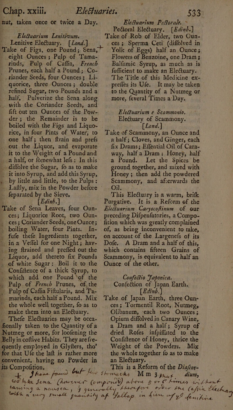 Chap. xxiii. nut, taken once or twice a Day. EleGuarium Lenitivum. _. Lenitive Ele€tuary. [Zond.] eight Ounces; Pulp of Tama- rinds, Pulp of Caffia, Freach _. Prunes, each half a Pound; Co- _. wiander Seeds, four Ounces; Li- quorice, three Ounces ; double refined Sugar, two Pounds and a _ half, Pulverize the Sena along _. with the Coriander Seeds, and fift out ten Ounces of the Pow- der; the Remainder is to be boiled with the Figs and Liquo- rice, in four Pints of Water, to one half; then ftrain and prefs out the Liquor, and evaporate it to the eet of a Pound and a half, or {Omewhat lefs: In this _.diffolve the Sugar, fo as to make it into Syrup, and add this Syrup, . by little and little, to the Pulps : feparated by the Sieve. : (Edinb.] Take of Sena Leaves, four Oun- ces; Liquorice Root, two Oun- ces; Coriander Seeds, one Ounce; _ boiling Water, four Pints. In- _ fufe thefe Ingredients together, ina Veffel for one Night ; hav- ing ftrained and preffed out the _ Liquor, add thereto fix Pounds _ of white Sugar: Boil it to the Confiftence of a thick Syrup, to _ which add one Pound ‘of the _ Pulp of French Prunes, of, the _ Pulp of Caffia Fiftularis, and Ta- __ marinds, each half a Pound. Mix _ the whole well together, fo as to make them into an Eleetuary. _ Thefe EleGuaries maybe occa- fionally taken to the Quantity of a Nutmeg or more, for loofening the Belly in coftive Habits. They are fre- quently employed in Glyfters, tho’ for that Ufe the laft is rather more convenient, having no Powder in 4 hae Je “4 be p45, my ws haha Jenn TAI ing A mane gy waa Elefuarium Peforale. ~ PeStoral EleGtuary. [Edinb] Take of Rob of Elder, two Oun- ces ; Sperma Ceti (diffolved in Yolk of Eggs) half an Ounce ; Flowers of Benzoine, one Dram 3 Balfamic Syrup, as much as is fufficient to make an EleCtuary. The Title of this Medicine ex- prefies its Ufe. It may be taken to the Quantity of a Nutmeg or more, feveral ‘Times a Day. Ele&amp;uarium e Scammonio. Electuary of Scammony. { Lond. | Take of Scammony, an Ounce and a half; Cloves, and Ginger, each fix Drams; Effential Oil of Cara- way, halfa Dram; Honey, half a Pound. Let the Spices be ground together, and mixed with Honey ; then add the powdered Scammony, and afterwards the Oil. | This Eleétuary is a warm, brifk Purgative. It is a Reform of the Elefuarium Caryocoftinum of our preceding Difpenfatories, a Compo- fition which was greatly complained of, as being inconvenient to take, on account of the Largenefs of its Dofe. A Dram and a half of this, which contains fifteen Grains of Scammony, is equivalent to half an Ounce of the other. — Confetio Faponica. Confection of Japan Earth. [ Edinb. | Take of Japan Earth, three Oun- ces; Tormentil Root, Nutmeg, Olibanum, ‘each two Ounces ; Opium diffolved in Canary Wine, a Dram and a half; Syrup of dried. Rofes infpiffated to the Confiftence of Honey, thrice the Weight of the Powders. Mix the whole together fo as to make an Eleétuary. This is a Reform of the Dia/cor- fhomackhs Mm 3y,4 dium, af