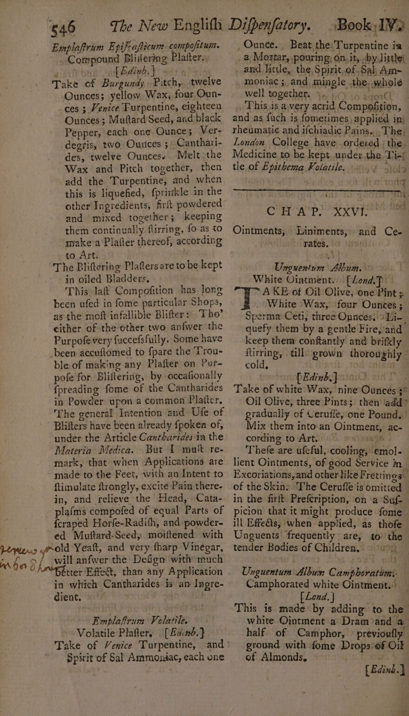 646 The New Englifh Emplafirum Epifrafticum compofitum. . Compound Blisering Platter. eee { Edinb, | ee Take of Burgundy Pitch, twelve Ounces; yellow, Wax, four Oun- ces ; Venice Turpentine, eighteen Ounces; Muftard’Seed, and black Pepper, each one Ounce’; Ver- degris, tivo Ourices 5 Canthari- des, twelve Ounces. Melt the Wax and Pitch together, then add the Turpentine, and when this is liquefied, fprirtkle in the other Ingredients, firft powdered and mixed together; keeping them continually flirring, fo as to make'a Plater thereof, according to Art. . The Bliftering Plaflersare to be kept in oiled Bladders, This laf Compofition has long been ufed in fome particular Shops, as the moft infallible Blifter: Tho’ either of the other two anfwer the Purpofevery fuccefsfully. Some have been aceuftomed to fpare the Trou- ble of making any Plafter on Pur- pofe for Bliltering, by occafionally {preading fome of the Cantharides in Powder upon a common Platter, The general ‘Intention and Ufe of Blifters have been already fpoken of, under the Article Cantharides-in the Materia Medica. But 1 mult re- mark, that when Applications are made to the Feet, with an Intent to ftimulate ftrongly, excite Pain there- in, and relieve the Head, » Cata- plafms compofed of equal Parts of {craped Horfe-Radith, and powder- ed Muttard-Seed, moiftened with tter Effet, than any Application in which Cantharides is an Ingre- dient. © “ A ‘Emplafirum Velatile. Volatile Plafter. [Eaind.} Take of Venice Turpentine, and Spirit of Sal Ammoniac, each one Difpenfatory. Book IV) , Ounce. Beat the: Turpentine ia | a Mortar, pouring: on. it,..by little, and little, the Spirit,of. Sal Am- _ moniac ;, and, mingle .the, wholé well togethan an iC) ic edo _ This is a,very acrid Compofition, and as fuch is fometimes applied ini rheumatic and ifchiadic. Pains... The: London College have ordered | the. Medicine to be kept. under the Ti-/ tle of Epsthema Folaiile. ' NYSE Cae we ORK VI and Ce. Ointments, Liniments, rates. Unguentum Album.’ White Ointment... [Lond.J A KE of Oil Olive, one Pint s . ‘White ‘Wax, ‘four Ounces ; Sperma Ceti, three Onnces?!9 Hi- guefy them by a gentle Fire,/and keep them conftantly and brifkly ftirring, till. grown thoroughly © cold, BOR [Edinb] | Take of white Wax, nine:Ounces $* Oil Olive; three Pints; then ‘add? gradually of Ceruffey one Pound. Mix them into: an Ointment, ac- cording tovArti\s* «xiaags 2 Thefe are ufeful, cooling, emol- lient Ointments, of good Service in Excoriations,and other like Frettines of the Skins The Ceruffe is omitted in the firft Prefcription, on a Suf- picion that it might produce fome ill Effects, when applied, as thofe Unguents’ frequently are, to the tender Bodies of Children. 9 90&gt;) Unguentum Album Camphoratum: — Camphorated white Ointment.” [ Lond. | bi This is made*by adding to. the white Ointment a Dram and a half of Camphor, previoufly ground with fome Drops of Oik of Almonds. vs ee [ Edinb.)