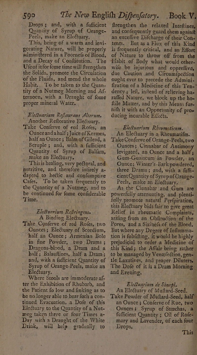 599 Drops; and, with a fufficient uantity of Syrup of Orange- Poa uke an Ele€tuary. 4 This, being of a warm and invi- gorating Nature, will be properly adminiftered in a Poornefs of Blood, and a Decay of Conftitution. The Uleof itfor fome time will ftrengthen the Solids, promote the Circulation of the Fluids, and mend the whole Habit... To be taken to the Quan- tity of a Nutmeg Morning and Af- ternocn, with a Draught of fome proper mineral Water. - Ele&amp;tuarium Reflaurans Alterum. _ Another Reftorative Eleuary. ‘Take Conferve of red Rofes, an Ounce andahalf; Juice of Kermes, half an Ounce; Balm of Gilead, a Seruple ; and, with a fufficient Quantity of Syrup of Balfam, make an Eletuary. * yy _ Thisis healing, very pettoral, and nutritive, and. therefore intirely a- dapted to heétic and confumptive Cafes. ‘To be taken frequently to the Quantity of a Nutmeg, and to be continued for fome confiderable ‘Time. EleGuarium Reftringense _... A Binding Eleétuary. Take, Conferve of red Roles, two _ Ounces; Electuary of Scordium, half an Ounce; Armenian Bole in fine Powder, two Drams ; Dragons-blood, a Dram and a half; Balauftines, half a Dram; and, with a fufficient Quantity of Syrup of Orange-Peels, make an Ele&amp;tuary. Where Stools are immoderate af- ter the Exhibition of Rhubarb, and the Patient fo low and finking as to be no longer able to bear fuch a con- tinued Evacuation, a Dofe of this Electuary to the Quantity of a Nut- meg taken three or four Times a- Drink, will help gradually to * Se {trengthen the relaxed Inteftines, and confequently guard them againit an exceflive Difcharge of their Con. tents. But asa Flux of this Kind is frequently critical, and an-Effort. of Nature to throw off from the wile be injurious and oppreflive, due Caution and Circum{peétion ought ever to precede the Admini- firation of a Medicine of this Ten-' dency ; left, infead of relieving ha- raffled Nature, we block up the ho- ftile Matter, and by this Means fur- nifh it with an Opportunity of pro» ducing incurable Efeéts. ; Elefuarium Rheumaticum. An Electuary in a Rheumatifm. Take Conferve of Orange-Peels, two Ounces; Cinnabar of Antimony levigated, an Ounce and a half; Gum-Guaiacum in. Powder, an Ounce; Winter’s-Bark powdered, three Drams; and, with a foffi- cient Quantity of Syrup of Orange. Peels, make an Electuary. ~ As the Cinnabar and Gum are powerfully attenuating, and plenti- fully promote natural Perfpiration, arifing from an Obftruction of the Pores, and a Sizinefs.of the Blood, But where any Degree of Infiamma-_ tion is fubfifting, it would be highly | prejudicial to order a Medicine of tle Laxatives, and proper Diluters. © The. Dofe of it is a Dram Morning — and Evening, | | Eleuarium de Sinapi. An Eleétuary of Muftard-Seed. Take Powder of Muftard-Seed, half” an Ounce ; Conferve of Rue, two — Ounces; Syrup of Stoechas, a fufficient Quantity ; Oil of Rofe- mary and Lavender, of each four _ Drops, : This