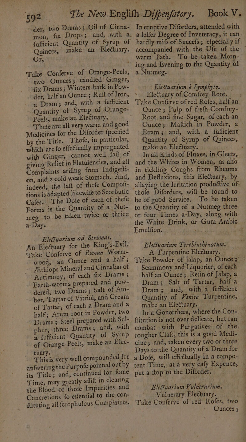 ‘der, two Drams 3 Oil of Cinna- faficient Quantity of Syrup of Quinces, make an Eleuary. Or, \ Take Conferve of Orange-Peels, ~ two Ounces ; candied’ Ginger, fix Drams; Winters- bark in Pow- der, half an Ounce ; Rutt of Iron, a Dram; and, with a fufhcient Peels, make an Electuary. Thefe are all very warm and good Medicines for the Diforder fpecified by the Tite. 7 hofe, in particular, which are fo effectually impregnated with Ginger, cannot well fail of giving Relief in Flatulencies, and all Complaints arifing from Indigeiti- on, and a cold weak Stomach. And, indeed, the laft of thefe Compott- tions is adapted likewife to Scorbutic Cafes. ‘The Dofe of each of thefe Forms is the Quantity of a Nut- meg to be taken twice or thrice a-Day- Ele@uarium ad Strumas. An Eie&amp;tuary for the King’s-Evil. rake Conferve of Roman Worm- wood, an Ounce and a half ; - ZEthiops Mineral and Cinnabar of Antimony, of each fix Drams ; Farth-worms prepared and pow- dered, two Drams ; Salt of Am- ber, ‘Tartar of Vitriol, and Cream of Tartar, of each a Dram and a half; Arum root in Powder, two Prams; Steel prepared with Sul- ' pher, three Drams ; and, with a foficient Quantity of Syrup of Orange-Pecls, make an Elec- tuary. .3 - ‘This is very well compounded for anfwering the Purpofe pointed out by its Title; and, continued for fome Time, may greatly affift in clearing the Blood of thote Impurities and Concretions {0 effential to the con- flituting all ferophulous Complaints. In eruptive Diforders, attended with a lefler Degree of Inveteracy, it can hardly mifs of Succefs ; efpecially if accompanied with the Ufe of the | warm Bath. ‘To be taken Morn-- ing and Evening to the Quantity of a Nutmeg. ‘ Eleftuarium é Symphyto. Electuary of Camtrey-Root. Take Conferve of red Rofes, half.an Ounce; Pulp of frefh Comfrey- . Root,and fine Sugar, of each an Ounce; Maftich in Powder, a © Dram; and, with a fufficient’ Quantity of Syrup of Quinces, make'an Electnary. - : In all Kinds of Fluxes, in Gleets, and the Whites in Women, as alfo in tickling Coughs from Rheums and Defluxions, this Electuary, by thofe Diforders, will be found to be of good Service. ‘To be taken to the Quantity of a Nutmeg three. or four Times a-Day, along with. the White Drink, or Gum Arabic Emulfion. &gt; ed a ve Elefuarium Terebinthinatum. A Turpentine Electuary. - Take Powder of Jalap, an Ounces © Scammony and Liquorice, of each half an Ounce; .Refin of Jalap, a - Dram; Salt of Tartar, halfa Dram; and, with a fofficient Quantity of Venice Turpentine, _ make an EleCtuary. | In a Gonorrhcea, where the Con- ftitution is not over delicate, butcan — combat with Purgatives of the. — rougher Clafs, this is a good Medi- cine; and, taken every two or three a Dofe, will effectually in a compe- tent Time, ata very eafy Expence, - puta ftop to the Diforder. ; EkGuarium Vulnerarium. ' -Vulnerary Electuary. : Take Conferve of red Rofes, two Ounces 5