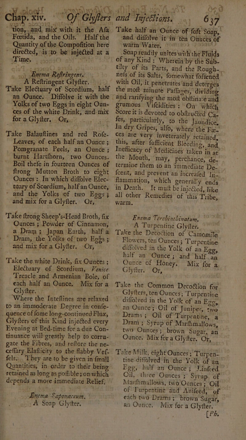 1 » 1 Enema Refiringens. _ A Reftringent Glyfter. Take Ele@tuary of Scordium, half an Ounce. Yolks of two Eggs in eight Oun- ces of the white Drink, and. mix for a Glyfter, Or, Take Balauflines and red Rofe- Leaves, of each half an Ounce ; Pomgranate Peels, an Ounce ; burnt Hartfhorn, two Ounces. Boil thefe in fourteen Ounces of _ftrong Mutton Broth to eight Ounces : In which diffolve Elec- tuary of Scordium, half an Ounce, * and the Yolks of two Eggs; and mix for a Glyfter. Or, Take ftrong Sheep’s-Head Broth, fix Ounces ; Powder of Cinnamon, a Dram ; Japan Earth, half a  Dram, ‘the Yolks of two Egés ; and mix for a Glyfler. Or, Take the white Drink, fix Ounces ; EleQuary of Scordium, Venice Treacle and Armenian Bole, of each half an Ounce. Mix for a Glyfter. : eon wads ‘Where the Inteftines are relaxed to an immoderate Degree in confe- Glyfters of this Kind injeéted every Evening at Bed-time for a due Con- tinuance will greatly help to corru- fels... They are to be given in {mall retained as long as pofible; on which depends a more immediate Relief, Einema Saponaceum, * A Soap Glytfter. ate rages ‘ wy 4 @ D Tajetlions. 639 Take half an Ounce of fof Sdap, and diffolve it in ten Ounces of TWaTAIWateg, Comins ‘eoanus » Soap readily unites with the Fluids tilty of its Parts, and the Rough-._. nefs of its Salts, fomewhat foftened with Oil, it penetrates and detérges the moft minute Paflaces, ‘dividing and rarifying the moit obftina‘é and grumous Vifcidities: On whith Score it is devoted to obftruéted Ca. fes, particularly, to the Jaundice, In dry Gripes, alfo, where the Fro Ces are very inveteratély retained, this, after fafficient Bleeding, and Inefficacy of Medicines taken in at’ the Mouth, ‘may, perchance, de- termine them to an immediate De_ {cent, and prevent an increafed ing all other Remedies of ‘this’ Tribe, warm. Enema Teérebinthinatum, — A Turpentine Glyiter. Take the DecoGion of Camomile Flowers, ten Ounces ; Turpentine diffolved in the Yolk of an Ege, half an Ounce ; and” half an Ounce of Honey. Mix for a Glyfter. Or, ae Take the Common Decoétion for Glyfters, ten Ounces; ‘Turpentine diffolved in the Yolk of an Evo, © an Ounce; Oil of Juniper, two ' Drams; Oil of Turpentine, a * Dram 3 Syrup of Marthmallows, two’ Ounces; brown Sugar, an Ounce. Mix fora Glyfter. Or, — Take Milk, eight Ounces; Turpen- tine diffolved in the ‘Yolk of an_ Ege, half an Ounce; TCinfeed Oil, three Ounces} Syrup. of Marfhmallows, two Ounces ; Oil of Turpentine dnd Ahifeed) “ot each two Drams; ‘brown Sugar, an Ounce, Mix for a Glytter. (PA.