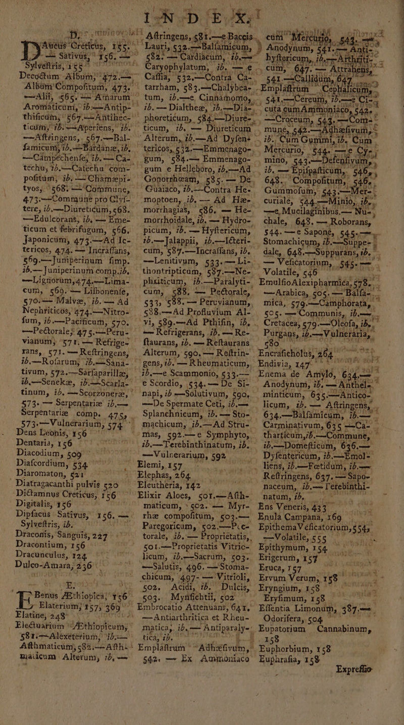 Pee Ie ‘alas Grete, + eS s! | Bs a Sativus,” 156. - oho? Sylveftris, P55 ; Decogum: Album, ‘472.— ticum, 76:—Atperiens, 7h. ——Aftringens,. 567.—Bal- famicum, id. —Bardanz, ib, —Cimpechenfes tb. — Ca- pofitum, ib, —Chamepi- tyos, 568) — ‘Commune, 4.73.—-Commune pro Gly —Edu!corans, i, — Eme- ticum et febrifigum, 566, Japonicum, 473-—Ad Ic- tericos, 474. — Incraffans, i6,— Juniperinum comp.jd, —Lignorum,474,—Lima- cum, 569. &lt;a Lifbonenfe, §70.— Malve, ib. — Ad Nephriticos, 474,—Nitro-« fum, id .—Pacificum, 570, —Pedtorales 475.—Peru- vianum) 571, Retrige- rans, ¢71. — Reftringens, iN oD EK, ! $31 .—e Bac 3. ‘Lauri, 532- sine §82° —Cardiacum, © tae tum, ib.—e. Cinnamomo, . Alterum,, tb.—Ad Dyfen- gum e Helleboro, 16,—Ad Gonorrheam, 585. — De. -Goaiaco, 74.—Contra He- moptoen, ib, Ad Ha- morrhagias, morrhoidale, i6, — Hydro- picum, 75. — Hyftericum;” id.—Jalappii, ib.—Iteri- cum, 584.—Incraffans, ib, —Lenitivum, 533.—Li- 573+ — Serpentarie ib, Dens Leonis, 156 Dentaria, 156 ; Diacodium, 509 Diafcordium, 534 4 Diaromaton, §21 ; Diétaninud Creticus, 156 Digitalis, 156 Sylveftris, ib. Draconis, Sanguis, 227 Dracontium, 156 Dracunculus, 124 Elaterium; 1575 369” 581.—~Alexeterium, ib Afthmaticum, 582. —-Atth. + maiicum Alterum, 75, — phxiticum, ib. —Patalyti- cum, ge 3 — Peétorale,. 533. $33 — Pervyianum,, §88.-—-Ad Profluvium Al- «— Retrigerans, 7b, — Re- ftaurans, 2b. — Reftaurans Alterum, 590. — Reftrin- gens, 1d. at Rhesesaticum;, ib,—e Scammonio, 533.—- € Scordio, §34.— De. Si- napi, id —Solutivum, 590, —De Spermate Ceti, is. Splanchnicum, 1).—= Sto- —Vulnerarium, 592 Elephas, 264 Eleutheria, 142 maticum, * 502. — Myr- rhe compofitum, §03.— Paregoricum, s502.—Pcc- 501.—Proprietatis Vitric- licum, ib.—Sacrum, 503. —Salutis, 496.—Stoma- chitum, | -497- — Vitrioli, 502. Acidi, 7, Dulcis, 503. Mynfichtii, soz Embrocatio Attenuans, 641, — Antiarthritica et Rheu- tica, 15. 54%: — Ex Ammoniaco eum” Melcuid, 54 Anda 541-5 ) Bes Oar A ce ie &gt; te Emplafiram Ce ee , 54h a ereum, z —_) Cing _ cuta Sage 5420. — ae — Com the ivum i ib “nie orate O Mercurio, i iV e Cy. e! fenf Bt mino, 543.— &gt;» ib, — Epifpatticum,. 348 9 fers. 648. Compofit Rane Gummofum, 54 curiale, Bees hinio,. i ibe. —e, Mucilaginibus, — ‘Nu-) chale, 648. — _Roborans, 544.—e Sapone, 545 Stomachicum, ib. Suppe= dale, 648, —Suppurans, i 1d, _—— Veficatorium, - 545: — 4 Volatile, 546 . Pmelfodlcvipharalit a” Arabica, 505.— Balfa- mica, 579. “Cigar 505. —Communis, Dm 4 Cretacea, 579.—Oleofa, iby. Purgans, ata faba Ae id Endivia, 147° a ¢ # Enema de Amyld, 634, i Anodynum, ibe —Anthel= : oo ee ee . ea el tharticum, ib. —Commune, — ib,—Domefticum, 6° 6.— Dyfentericum, ib. —Emol- liens, ib.—Fetidum, ib. Reffringens, 637.— = Sapo~ naceum, ib.—T etebinthi- natum, ib, ‘ol Ens Veneris, 433 Enula Campana, 169 _ EpithemaV eficatorium, 5 Say Volatile, 555 4 Re Epithymum, aC Pia Erigerum, 157 Eruca, 157 Ervum Verum, 1 8 Eryngium, 158 — Eryfimum, 158 ‘Effentia Limonum, 387- — Odorifera, 504 Evpatorium Essai, \ “1 iu’ Euphorbium, 158 Euphrafia, 158 Exprefizo