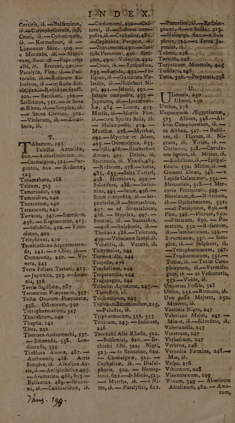 Cortiels, rh rcldinaiens, ib —-Caryophyllorum, 508; Croci, id. vrs Staal outh, ib, —~Kermefinus, ib — Limonum Succ. 509. -—— . e Meconio, ia, —— Moro= -rum, Succ. id.—-Papa veris albi, i. Erratict, ga0.-— Paralyfis, Flor. ibe Pet- toralis, ib.+Rofarum So- lntivus, ib.—siey Rofis Sic- eis} pet —Rubt: IdaiEru&amp;. $09. — Sacchari, » 53a Scilliticus, 512..--de Sena et Rheo, iby Simplex, id.” —e Spina Cervina, 5412.) josie aN ib.— Linzi- beris, id. T. 4 Abacum,.195 iis Tabelle Antacid, 620.—Anthelmintice, 75., —Cardialgicz, 524.—Pur- gantes, 621. —~ Rofaceay 52s ‘Tacamahaca, 168 ‘Taleum, 325 Tamarindus, 249 Tamarifcus, 240 Tanacetum, 240 Taraxacum, 240 Tartarus, 347 —mEmeticns; 456. —= Regeneratus, 413. —Solubilis, 412.— Vitri- olatus, 409 Telephium, 240 Ferebinthina Argentoraten- fis, 241. —e Chio,; ibi-— Communis, 240. —» Ver neta, 241 Terra Foliata Tartariy 413: — Japonica, 325) ober Nia, 326. Terre Sigillate,, 287. a Tefte Ovorum .Preparate, .958- Oftreorum; 350 ss etrapharmacum,, 547 Thali€trum, 242° | Thapfia, 242 ; Thea, 24e—e, 2% Theriaca Andromachi, §37- _~ Edinenfis,.538., Lon- dinenfis, 555 Tin€tura Amaia, 487.— Antimonisy 488. . Acris Simplex, id, . Alkalina Ac- -yis,ib.—Antiphthifica.4g 5, . -—Aromatica, 433, 633 — Balfamica, 489.—-fenzoi- (ni, .—Cantharidum, id. har - —Cardamomi, 490%4Cal-' pofita, ibumCephalica;4Ss wv &lt;n Gaphialeeay. Purgans,:ib3! tidis Peruviani, 496. Sim&gt; plex, 490° Volatilis;: GOs 633. —-Fetida, gg2—~Fur liginis, ib.-G ualacina Vo- latilis, ib,—Hellebori Ni- gti, 494.—-Jalapil, 492.— Jatape compofita, 493.— aponica, iby =Ipecacuan- #, 484. —- Laces, 493: Matis, ib.~Martis Flor, ib.—ecum Spiritu Salis, id. — Melampodit, &gt; 404. — Menthe, 478.——Myrrhz, 494.—-Myrrhe et Aloes, 495-——~ Odontalgica, 633. —=O pil, g36.——Rhabarbari Amara, 495. Dulcis, id. Spirituofa, 12. Vinola,435. —~Rofarum, 478 .m—Sacra, 435,-633.—0Salis T artari, 498. Herveiana, 499.—~ Salutifera, 488% —~Satur- nina, 495-—-Senz#, 496.—- Senz compofita; -i6.—Ser- pentariz,ib.—-Stomachica, (497+ = ad Stomachicos, 486. — Styptica, 497. — Succini, i6: —» Sudorifica, Thebaica.486.—-Tolutana, 499--—Velerianz Simpl.id, Volatilis, :&amp;. Veratri, ib, Tithymalus, 244 Tormeniilla, 244) ~ 2 i. % Torpedoy 2.76 1 vy racheliumy 244° ae Tragacantha, whe Ris ert de oe ea 3244 Terreftris, 13.0 6° Trichomanes, 245. . ce wPaluftre, id. Tripharmacum, $51, 553 Triticum, 245. —-Indicum, 246 Trochife! Albi Rhafis, 522. —Balfamici, 620, —Be-. chichi Albi, 522% Nigri, 23. —~ de Benzoino,. 620. ——~ Cardialgice,. 524. — Cephalice, id. —~ Diaful- pharis, 524. — Hemop- tocci, G2 t.—~de Minio, 523. —e Myrtha, 1d, —e Ni- tro, id. — Paralytici, 621. —PerviiniyibRerine ' Bentesy heteae! P52 $e —Sialogogi; batornecSiabe phure, $24unme‘Detraja= ponica,id.” eee — hes Bee Ons TLmaria, 250. dassic ote Ulmus, 250. © .« Umbra, 276 Unguentum recuse : 533. Album, 546.—Al- — bum Camphoratum, 1b,—3 | ex Althea, 547.—~ Bafili- um, if. . Flayum, ib. Nie grum, ib, Viride, id.— Citrinum, 548.—Carule- ; um fartius, 7d. Mitius, ib. —Esilicns,ib,——Epifpaf- ticum, 552. Mitius,ib.—e Gummi Elemi, 548.—e Lapide Calaminari, §54.—) Mercuriale, 548.—e Mer- curio Precipitato, 549. — Nervinum,74.—N utritum,,. ib.— Opthalmicum, 55% ad Paralyticos, 650,.——-¢ . Pice, 549.—Piceum, 650.~ -~Pforicum, 650, — Pos matum, §50.—-Rofaceum, — id. ~~ Sambucinum, 549.— Siturninum, 550. —» Sim- plex, ib.—e Sulphure, id. wwTetrapharmacum, 547¢ wee ys Va @ Tutie,ib. —~Tutie Came ‘gum, id.—~ ad Veficatoria, * g32.—-Viride, ib. Unicornu Foffile, 328 Urtica, 251.—-Romana, id. ’ Uve pafle ute hott 2 508 Minores, id. Vaccinia Nigra, 247 Valeriana Major, 247.—= Minor, id.—Silveftris, id, Valerianella, 247 Veratrum, 247 Verbafcum, 247 | fa Verbena, 248 » Veronica Femina, 248.08 -Mas, id. Vefpa, 276 ili Viburnum, 248 + Vincetoxicum, 249 f Vinum, 349 — Aloeticum Alcalinum, 482, — Ama- ‘rum,