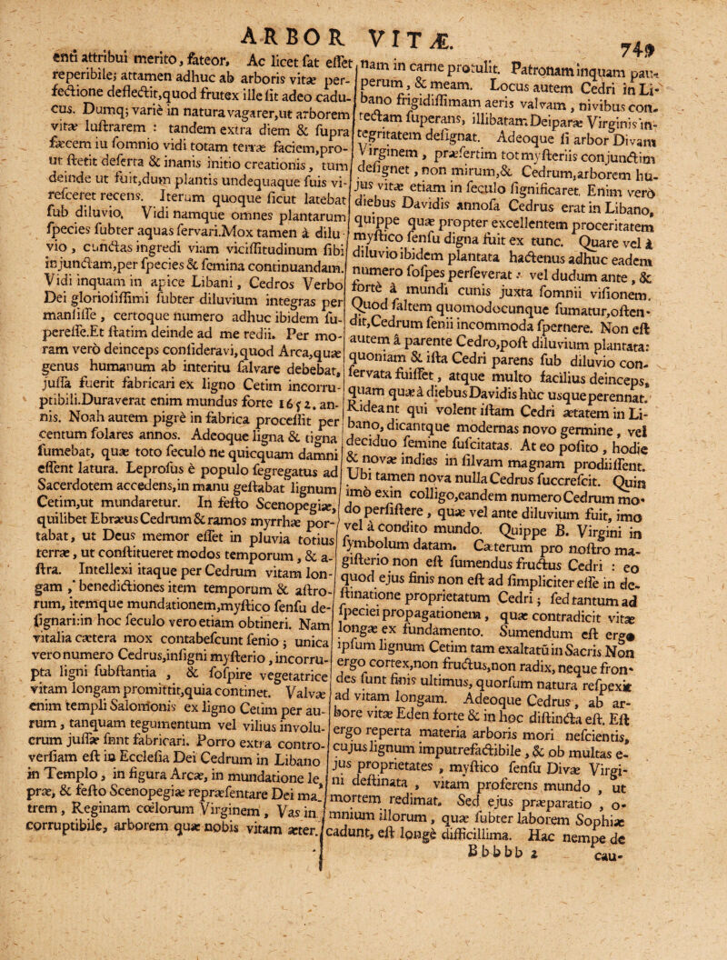 / arbor vitj:. enti attribui merito, fateor. Ac licet fat eflet reperibilei attamen adhuc ab arboris vitae per¬ fectione defleftit,quod frutex ille lit adeo cadu¬ cus. Dumq; varie in natura vagarer,ut arborem vita? luftrarem : tandem extra diem & fupra 74-ff fecem IU fomnio vidi totam terra; faciem,pro- Virginem nr^enimm^ ft arb°r D'Iara ut ftetit deftrta & inanis initio creationis. ?„m ,uEtf* i P??™ Eot“^eriIS conjunftim ut ftetit deferta & inanis initio creationis, tum deinde ut fuit,dum plantis undequaque fuis vi- refceret recens. Iterum quoque ficut latebat fub diluvio. Vidi namque omnes plantarum fpecies fubter aquas fervari.Mox tamen a dilu vio, eundas ingredi viam viciflitudinum fibi injundam,per fpecies & femina continuandam. Vidi inquam in apice Libani, Cedros Verbo Dei glorioliflimi fubter diluvium integras per manfifle , certoque numero adhuc ibidem fu- pereffe.Et ftatim deinde ad me redii. Per mo¬ ram vero deinceps confideravi,quod Arca,qu^e genus humanum ab interitu falvare debebat* julla fuerit fabricari ex ligno Cetim incorru- ptibili.Duraverat enim mundus forte 16 f 2. an¬ nis. Noah autem pigre in fabrica procellit per centum folares annos. Adeoque ligna & d<ma fumebat, quae toto feculo ne quicquam damni effent latura. Leprofus e populo fegregatus ad Sacerdotem accedens,in manu geftabat lignum nam m came protulit. Patronam inquam pau, perum, & meam. Locus autem Cedri inLI- bano fngidiffimam aeris valvam , nivibus con- tedam fuperans, illibatam Deipara Virginis m» tegritatem dellgnat. Adeoque li arbor Divam VirxrmpfVl _f) • *. • ~ . 1 r 1 WUJUUUIQI cieiignet, non mirum,& Cedrum.arborem hu- jus vnx etiam in feculo fignificaret, Enim ver6 diebus Davidis annofa Cedrus erat in Libano* quippe quae propter excellentem proceritatem myftico fenfu digna ftiit ex tunc. Quare vel k diluvio ibidem plantata hadenus adhuc eadem numero fofpesperfeverat * vel dudum ante, & orte a mundi cunis juxta fomnii vifionem. Quod faltem quomodocunque fumatur,often* dit,Cedrum fenii incommoda fpernere. Non eft autem i parente Cedro,poft diluvium plantata: quoniam Si ifta Cedri parens fub diluvio con- lervata fuiffet, atque multo facilius deinceps* quam qua? 4 diebus Davidis huc usque perennat. Rideant qui volent iftam Cedri itarem in Li¬ bano, dicantque modernas novo germine, vel deciduo femine fufeitatas, At eo pofito , hodie & nova? mdies in filvam magnam prodiitfent. Ubi tamen nova nulla Cedrus fuccrefcit. Quin uno exin colligo,eandem numero Cedrum mo* Cetim,ut mundaretur. In fefto Scenopesise dnnprftt C° 2£G,eancjem Humero Cedrum mo- quilibet Ebrajus Cedrum & ramos myrrhl por- vel ’ qU*,vd atedllu™'m fuit, imo tabat, ut Deus memor eflet in t r ^Ppe K T'^ni in terra;, ut conftimeret modos temporum & a ‘ *Tr C*terT Pro noftr° ftra. Intellexi itaque per Cedrum^^^mfon f f.T. T •** Cedri : gam ,' benediftiones item temporum & aftro S ^ £mS on eft ad 1Ampliater effe in de- r ? ,° I lt,nat>oneproprietatum Cedri; fedtantumad lnecifi nrnnao3tir,r.fl.« „__ !• • rum, itemque mundationem,myftico fenfu de* fgnari.in hoc feculo vero etiam obtineri. Nam vitalia cetera mox contabefcunt fenio ; unica vero numero Cedrus,infigni myfterio, incorru¬ pta ligni fubftantia , Si fofpire vegetatrice vitam longam promittit,quia continet. Valva? «nim templi Salomonis ex ligno Cetim per au¬ rum , tanquam tegumentum vel vilius involu¬ crum jufla? fnnt fabricari. Porro extra contro- verftam eft io Ecclefia Dei Cedrum in Libano in Templo, in f gura Arcae, in mundatione le prae, & fefto Scenopegia? repraefentare Dei ma_* ♦■riafn k _ T T * fpeeiei propagationem, quae contradicit vit^ longae ex fundamento. Sumendum eft erg® lpfum lignum Cetim tam exaltatu in Sacris Non ergo cortex,non frudtus,non radix, neque fron* des funt finis ultimus, quorfum natura refpexk ad vitam longam. Adeoque Cedrus , ab ar¬ bore vitae Eden forte Si in hoc diftin&a eft. Eft ergo reperta materia arboris mori nefeientis» cujuslignum imputrefatfjbile , & ob multas e- jus proprietates , myftico fenfu Diva? Virgi¬ ni deftinata , vitam proferens mundo , ut mortem redimat. Sed ejus praeparatio trem, Reginam calorum Virginem , Va inIZ Z ninr f P > <>• corrunribile arborem nna-nnL •/ v as uy mnium illorum, quae fubter laborem Sophise corruptibile, artorem qu* nobis vitam seter./cadunt, eft leng£ difficillima. Hac nempe de ' Bbbbb t cau-