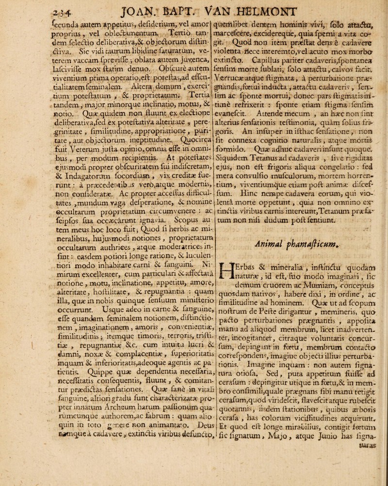 fecunda autem appetitus, defiderium, vel amor proprius , vel oblectamentum. Tertio tan¬ dem feledio deliberati va,& objecorum diftin- diva, Sic vidi taurum libidine faturatum, ve¬ terem vaccam fpre ville j oblata autem juvenca, lalciville mox ftatim denuo. Obtcure autem viventium prima operatio,ed pote itas,ad effen- tialitatemfeminalem. Altera demum , exerci' tium poteftatum , Si proprietatum* Tertia tandem, major minorque inclinatio, motus, & notio. Qusc quidem non fluunt ex eledione deliberativa,fed ex poteitativa alteritate s pere¬ grinitate , fimilitudine, appropriatione , puri¬ tate , aut objectorum ineptitudine. Quocirca fuit Veterum jufla opinio, omnia dTe in omni¬ bus , per modum recipientis. At poteflates ejusmodi propter obfcuritatem fui indifcretam, & Indagatorum focordiam , vix creditas fue¬ runt: a prsecedentibas vero,atque modernis, non eonflderataj. Ac propter acceifus difhcul- tates ,mundum vaga defperatione, Si nomine occultarum proprietatum circumvenere : ac feipfos fua occaecirunt ignavia. Scopus au tem meus hoc loco fuit, Quod fl herbis ac mi¬ neralibus, hujusmodi notiones, proprietatum occultarum authriees , atque moderatrices in- fint t easdem potiori longe ratione, Si luculen¬ tiori modo inhabitare carni Si fanguini. Ni¬ mirum excellenter, cum particulari &afledata notione , motu, inclinatione, appetitu, amore, alteritate, hoflilitate, Si repugnantia : quam illa, quae in nobis quinque fenluum minilierio occurrunt. Usque adeo in carne Si languine, efle quandam feminalem notionem, didindio- nem , imaginationem, amoris, convenientiae, flmilitudinis j itemque timoris, terroris, tridi- tix , repugnantiae Sic. cum intuita lucri Se damni, noxae Se complacentiae, fuperioritatis inquam Se inferioritatis,adeoque agentis ac pa tientis* Quippe quae dependentia necelfaria, neceflatatis confequentis, fluunt, Se comitan¬ tur praedidas fenfationes. Qua* fane in vitali fanguine, altiorigfadu funt charaderizatae pro¬ pter innatum Archeum harum paflionum qua- rurrtcunque authorem,ac labrum : quam alio - quin in toto genere non animantato. Deus fcamque a cadavere,, exrindis viribus defundo. quemlibet dentem hominis vivi, folo attada, marcefcere, excidereque, quia fpemi a vita co¬ git- Quod non item praedat dens & cadavere violenta nece interemto,vel acuto mox morbcr extindo. Capillus pariter cadaveris/pontanea fenflm morte fublati, folo attadu, calvos facit. Ve,rrucae atque digmata, a perturbatione pra^ gnandis,fcetui induda , attadu cadaveris, fen - iim ac fponte mortui, donec pars digmatis in¬ time refrixerit : fponte etiam digma fenflm evanefcit. Attende mecum , an haec non lint alterius fenfationis tedimonia, quam folius fri¬ goris. An infuper in idhac fenfatione , non lit connexa cognitio naturalis, atque mortis formido. Quae adhuc cadaveri infunt quoque. Siquidem Tetanus ad cadaveris , live rigiditas ejus, non ed frigoris aliqua congelatio : fed mera convulflo mufculorum, mortem horren¬ tium, viventium^ue etiam pod animae difcef- fum. Hinc nempe cadavera eorum, qui vio¬ lenti morte oppetunt, quia non omnino ex' tindis viribus carnis intereunt,Tetanum prxia? tum non nili dudum pod fentiunt. Animal fhantafticHm. Erbas Si mineralia , infUndu quodam naturae, id ed, fuo modo imaginari , iic demum cruorem ac Mumiam, conceptus quosdam nativos , habere dixi, in ordine , ac' fimilitudine ad hominem. Quae ut ad fcopum nodrum de Pede dirigantur , memineris, quo pado perturbationes praegnantis , appolita manu ad aliquod membrum, licet inadverten- ter, incogitanter, citraque voluntatis concur- lum, depingant in foetu, membrum contado correfpondens, imagine objedi illius perturba¬ tionis. Imagine inquam : non autem ligna¬ tura otiofa. Sed, puta appetitum fuifle ad cerafum : depingitur utique infoetu,& in mem¬ bro conflmili,quale pnegnans libi manu tetigit cerafum.quod viridefcit, flavefcit atque rubefcit quotannis, iisdem dationibus, quibus arboris cerafa , has colorum viciflitudines acquirunt» Et quod ed longe mirabilius, contigit foetum fle lignatum» Majo , atque Junio has ligna¬ turas