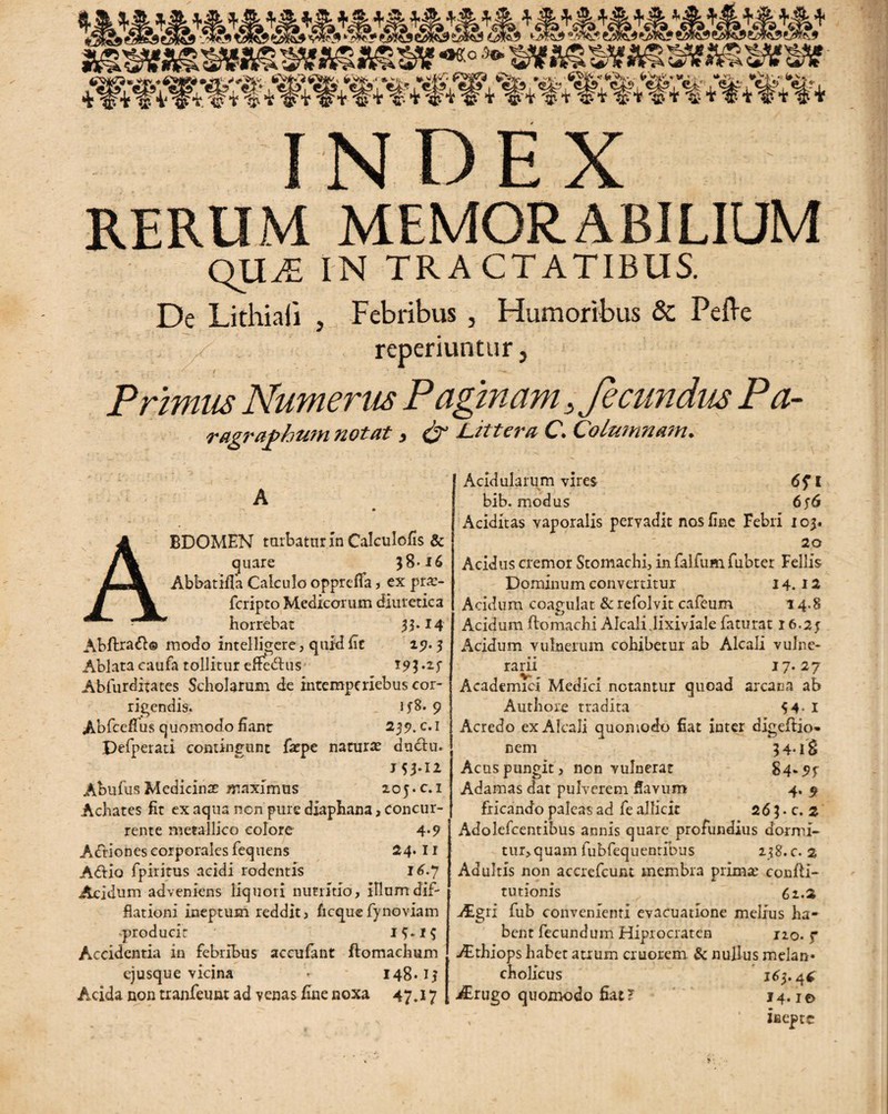 t®t -cr S3*® INDEX RERUM MEMORABILIUM <VU.T IN TRACTATIBUS. De Lithiaii , Febribus , Humoribus & Pelle reperiuntur, ■ f + y : / i ’ ’ / '**_ * Primus Numerus P aginam .fecundus Pa- ragraphum notat, & Liti era C. Columnam• A ABDOMEN ttnbaturin Calculofis & quare 58-16 Abbatiffa Calculo opprefia, ex pra> feripto Medicorum diuretica horrebat 55-14 Abftraft® modo intelligere, quid Et 157. 5 Ablata caufa tollitur effe&us 193.1 f Ablurditates Scholarum de intemperiebus cor¬ rigendis. . ij8* 9 Abfceilus quomodo fiant 2557. c.i Defperati contingunt faepe naturae du&u. JS3-I2 Abufus Medicinae maximus 105. c. 1 Achates fit ex aqua nen pure diaphana, concur¬ rente metallico colore 4*9 Aftiones corporales fequens 24* 11 A&io fpiritus acidi rodentis 16.7 Acidum adveniens liquori nutritio, illum dif- flationi ineptum reddit, ficquefynoviam producit Accidentia in febribus accufant ftomachum ejusque vicina - 148*13 Acida non tranfeuat ad venas fine noxa 47.17 Acidularum vires 6? I bib. modus 6$6 Additas vaporalis pervadit nos fine Febri 103. 20 Acidus cremor Stomachi, in falfum fubter Fellis Dominum convertitur 14.12 Acidum coagulat & refolvit cafeum 14.8 Acidum ftomachi Alcali.Iixiviale faturat 16.23 Acidum vulnerum cohibetur ab Alcali vulne¬ rarii 17*27 Academici Medici notantur quoad arcana ab Authore tradita 54- 1 Acredo ex Alcali quomodo fiat inter digefbio* nem 34-lS Acus pungit, non vulnerat 84-95 Adamas dat pulverem flavum 4. $ fricando paleas ad fe allicit 26 3 • c. 2 Adolefcentibus annis quare profundius dormi- tur>quam fubfequentibus 138. c. 2 Adultis non accrefcunt membra primas confli- tutionis (i.2 Aigri fub convenienti evacuatione melius ha¬ bent fecundum Hiprocraten no- f ./Ethiops habet atrum eruo rena & nullus melan¬ cholicus 163.4* iErugo quomodo fiat? 14.10 ’ inepte