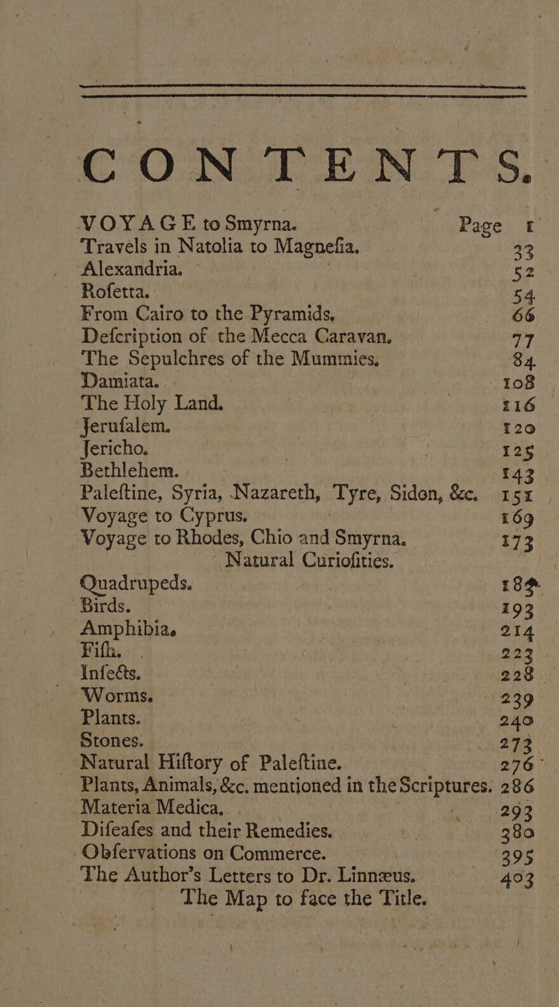 The Map to face the TiS | VOYAGE to Smyrna. Page It Travels in Natolia t to Magnefia, 33 Alexandria. ' 52 Rofetta. 54 From Cairo to the Pyramids, 66 Defcription of the Mecca Caravan. 77 The Sepulchres of the Mummies, 84 Damiata. | 108 | The Holy Land. 116 Jerufalem. 120 Jericho. 125 Bethlehem. 142. Paleftine, Syria, Nazareth, Tyre, Sidon, &e. 15% Voyage to Cyprus. 169 Voyage to Rhodes, Chio and Smyrna. 173 Natural Curiofities. Quadrupeds. 189 Birds. 193 Amphibia. 214 Fifb. . 223 infects. 228 ‘Worms. - 239 Plants. 240 Stones. 273 Natural Hiftory of Paleftine. 276° Plants, Animals, &c. mentioned 1 in the Pere 286 Materia Medica, . 293 Difeafes and their Remedies. 280. Obfervations on Commerce. | 395 The Author’s Letters to Dr. Linneus. 403