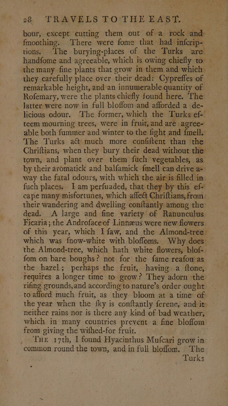 bour, except cutting them out of a bode: and: fmoothing. There were fome that had infcrip- tions; The burying-places of the Turks are handfome and agreeable, which is owing chiefly to - the many fine plants that grow in them and which | they carefully place over their dead: Cyprefles of remarkable height, and an innumerable quantity of Rofemary, were the plants chiefly found here. The — latter were now in full bloffom and afforded a de- licious odour. The former, which the Turks ef teem mourning trees, were in fruit, and are agree able both fummer and winter to the fight and {mell. _ The Turks af much more confiftent than the — Chriftians, when they bury their dead without the town, and plant over them fuch vegetables, as by their aromatick and balfamick fmell can drive a-: way the fatal odours, with which the air is filled in fuch places. I am perfuaded, that they by this ef- cape many misfortunes, which affect Chriftians, from. their wandering and dwelling conftantly among the dead. A large and fine variety of Ranunculus Ficaria; the Androfaceof Linneeus were new flowers of this year, which I faw, and the Almond-tree: which was {now-white with blofloms. Why does — the Almond-tree, which hath white flowers, blof- fom on bare boughs? not for the fame reafon as the hazel; perhaps the fruit, having a ftone, requires a longer time to grow? They adorn the rifing grounds,and according to nature’s order ought — - to afford much fruit, as they bloom at a time af the year when the iky is conftantly ferene, and it neither rains nor is there any kind of bad weather, which in many countries prevent a fine bloffom from giving the withed-for fruit. Tue 17th, I found Hyacinthus Mufcari grow in common round the town, and in full bloffom. The Turks