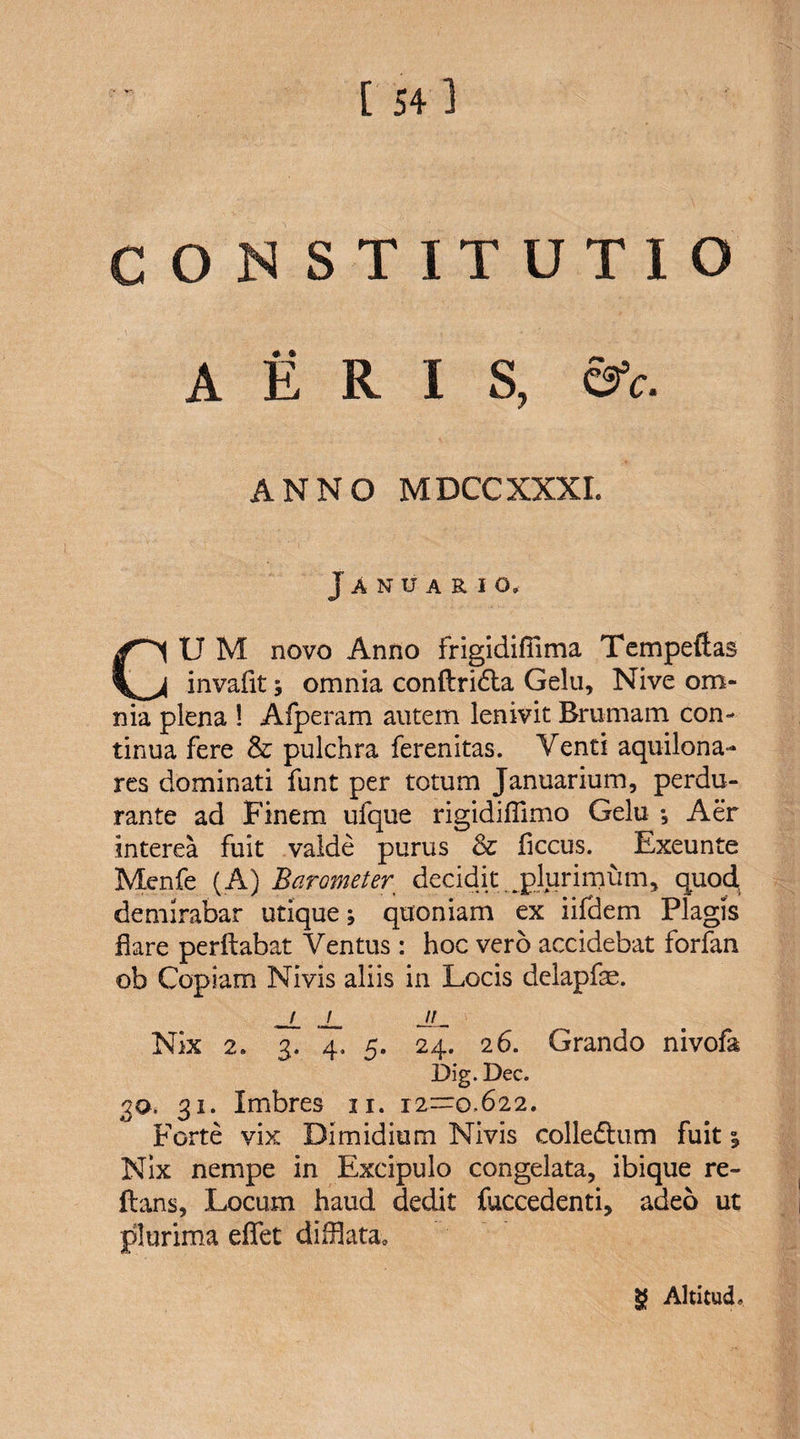 CONSTITUTIO ANNO MDCCXXXI. Januario» 3 M novo Anno frigidifiima Tempeftas invafit; omnia conflri&amp;a Gelu, Nive om¬ nia plena ! Afperam autem lenivit Brumam con¬ tinua fere &amp; pulchra ferenitas. Venti aquilona- res dominati funt per totum Januarium, perdu¬ rante ad Finem ufque rigidiffimo Gelu *, Aer interea fuit valde purus &amp; ficcus. Exeunte Menfe (A) Barometer decidit plurimum, quod demirabar utique; quoniam ex iifdem Plagis flare perflabat Ventus : hoc vero accidebat forfan ob Copiam Nivis aliis in Locis delapfe. n Nix 2. 3. 4. 5. 24. 26. Grando nivofa Dig. Dec. 30. 31. Imbres 11. 12=0.622. Forte vix Dimidium Nivis colleflum fuit Nix nempe in Excipulo congelata, ibique re¬ flans, Locum haud dedit fuccedenti, adeo ut plurima effet difflata» $ AltitucL