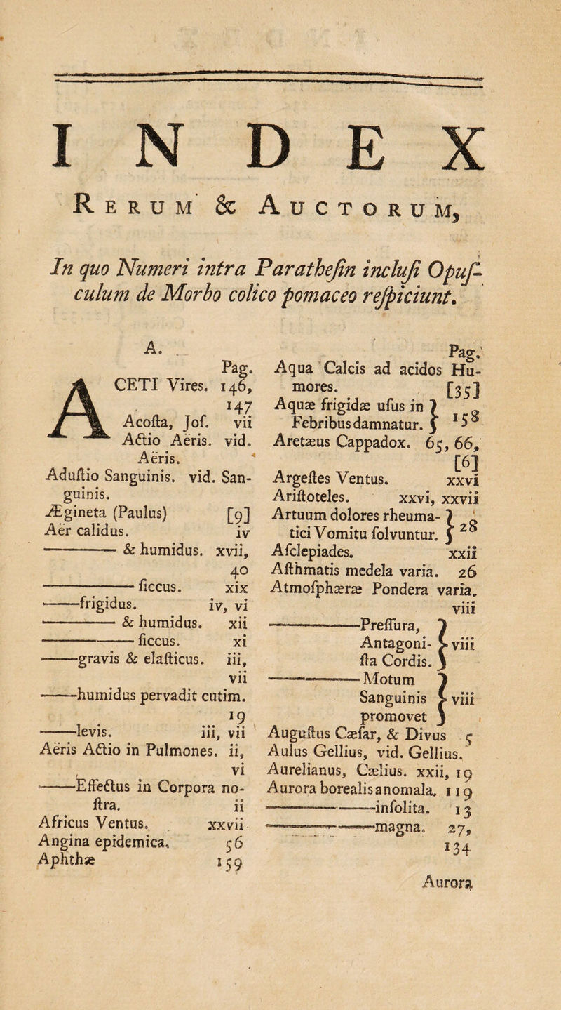 Rerum &amp; Auctorum, In quo Numeri intra Parathejin incluji Opus¬ culum de Morbo colico pomaceo refpiciunt. A. Pag. CETI Vires. 146, H7 Acofla, Jof. vii Adlio Aeris, vid. Aeris. Adufiio Sanguinis, vid. San¬ guinis. ./Egineta (Paulus) [9] Aer calidus. iv ■-&amp; humidus. xvii. 40 --ficcus. xix -frigidus. iv, vi --&amp; humidus. xii -ficcus. xi --gravis &amp; elafticus. iii. vii -humidus pervadit cutim. , . ... --levis. iii, vii Aeris Aftio in Pulmones, ii, vi —-Effedlus in Corpora no- ltra. ii Africus Ventus. xxvii Angina epidemica, 56 Aphthse 159 Pag. Aqua Calcis ad acidos Hu¬ mores. [35] Aquas frigidae ufus in > Febribus damnatur, y 1 $ ° Aretaeus Cappadox. 65, 66» [6] Argeftes Ventus. xxvi Ariftoteles. xxvi, xxvii Artuum dolores rheuma- 7 Q tici Vomitu folvuntur. ) Afclepiades. xxii Afthmatis medela varia. 26 Atmofphaene Pondera varia. viii —--PrefTura, 1 Antaeoni- > viii fla Cordis, j -——- Motum 1 Sanguinis >viii promovet ) Augullus Caefar, &amp; Divus % Aulus Gellius, vid. Gellius, Aurelianus, Caelius. xxii, 19 Aurora borealisanomala. 119 -——-infolita. 13 —- -magna, 27» *34 Aurora