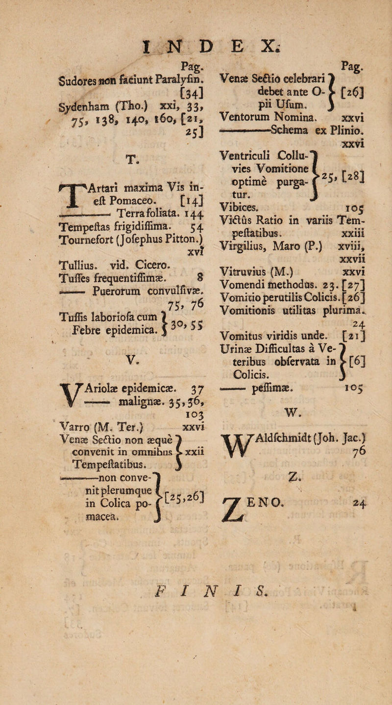 Pag. Sudores non faciunt Paralyfin. [34] S/denham (Tho.) xxi, 33, 75» H°» l6o> i21> 25] T„ TArtari maxima Vis in- eft Pomaceo. [14] —*—— Terra foliata. 144 Tempeftas frigidiffima. 54 Tournefort (Jofephus Pitton.) xv? Tullius, vid. Cicero. Tuffes frequentiffimae. 8 -- Puerorum convullivae. 75.76 Tuffis laboriofa cum 7 Febre epidemica. P V. VAriolae epidemicae. 37 -—— malignae. 35,56, 103 Varro (M. Ter.) xxvi Venae SeCtio non aeque 1 convenit in omnibus > xxii Tempeftatibus. i—---non conve¬ nit plerumque in Colica po- macea. Pag. Venae Se&amp;io celebrari 1 debet ante O- > [2$] pii Ufum, 3 Ventorum Nomina. xxvi .. —Schema ex Plinio. xxvi Ventriculi Collu-*! vies Vomitione I r Ql optime purga-L2 J tur. J Vibices. 105 ViCtus Ratio in variis Tem¬ peratibus . xxiii Virgilius, Maro (P.) xviii, xxvii Vitruvius (M.) xxvi Vomendi methodus. 23. [27] Vomitio perutilis Colicis. [26] Vomitionis utilitas plurima.. 24 Vomitus viridis unde. [21] Urinae Difficultas a Ve-1 teribus obfervata in > [6] Colicis. j -— peffimae. 105 W. ■^^Aldfchmidt (Joh. Jac.) Z. » 2^ E NO. 24 FINI S. / i