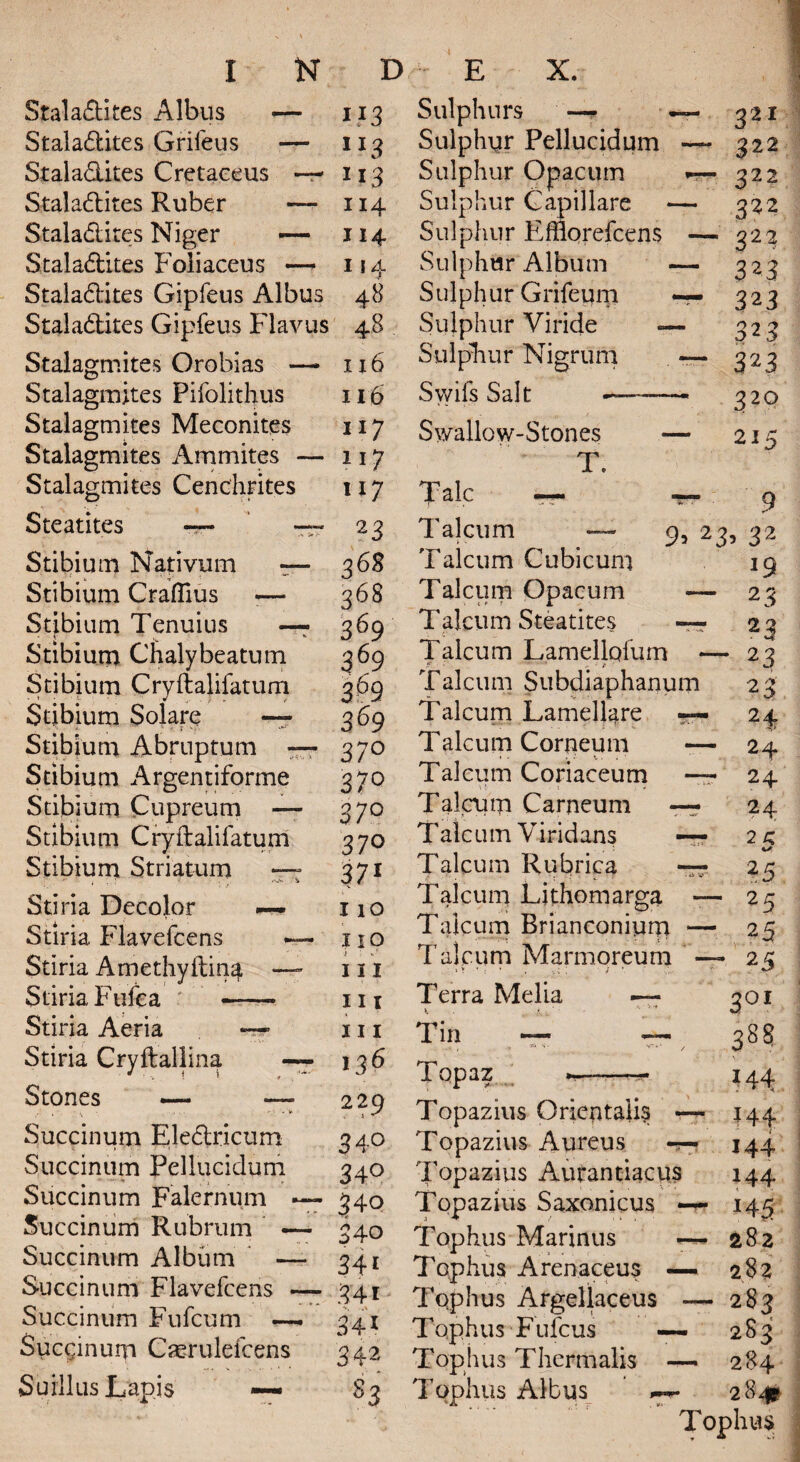 Stala&ites Albus — Stala6lites Griieus — Stalactites Cretaceus Stalactites Ruber — StalaCtites Niger — Stalactites Foliaceus — Stalactites Gipfeus Albus Stalactites Gipfeus Flavus Stalagmites Orobias — Stalagmites Pifolithus Stalagmites Meconites Stalagmites Ammites — Stalagmites Cenchrites Steatites — — Stibium Nativum — Stibium Craflius •— Stibium Tenuius — Stibium Chalybeatum Stibium Cryftalifatum Stibium Solare — Stibium Abruptum — Stibium Argentiforme Stibium Cupreum — Stibium Cryftalifatum Stibium Striatum — Stiria Decolor ~ Stiria Flavefcens •— Stiria Amethyftina —- Stiria Fufea : -- Stiria Aeria — Stiria Cryftallina — Stones — — Succinum Succinum Succinum Succinum Succinum Succinum Succinum Succinum EleCtricum Pellucidum Falernum • Rubrum - Album — Flavefcens • Fufcum — Caerulefcens i n Sulphurs — — 321 ll3 Sulphur Pellucidum — 322 113 Sulphur Opacum 322 114 Sulphur Capillare — 322 114 Sulphur Efflorefcens — 322 114 Sulphur Album — 3 23 48 Sulphur Grifeum — 323 48 Sulphur Viride — 323 116 Sulphur Nigrum — 323 116 Swifs Salt —-- 320 117 Swallow-Stones — 215 117 T. 117 Talc — ^ 9 23 36$ 368 36 9 369 S b ill us Lapis 369 37° 37° 37° 370 371 I 10 I 10 111 111 111 136 229 34° 34° 340 340 341 341 341 342 83 Talcum — 9, 23. Talcum Cubicum Talcum Opacum — Talcum Steatites — Talcum Lamellpfum — Talcum Subdiaphanum Talcum Lamellare — *■- ! itr'** ■ Talcum Corneuni — Talcum Coriaceum — Talcum Carneum — Talcum Viridans — Talcum Rubrica — Talcum Li thorn arga — Talcum Brianconium — Talcum Marmoreum — Terra Melia — Tin — — Topaz *- Topazius Qrieptalis — Topazius Aureus t-? Topazius Aurantiacus Topazius Saxonicus Tophus Marinus Tophus Arenaceus — Tophus Argellaceus — Tqphus Fufcus — Tophus Thermalis — Tophus Albus 32 19 2 3 23 2 3 2 3 H 24 24 24 2C. u 25 25 25 25 3°i 38S 144 I44 144” 144 14 5- 282 282 283 283 284 2841 Tophus