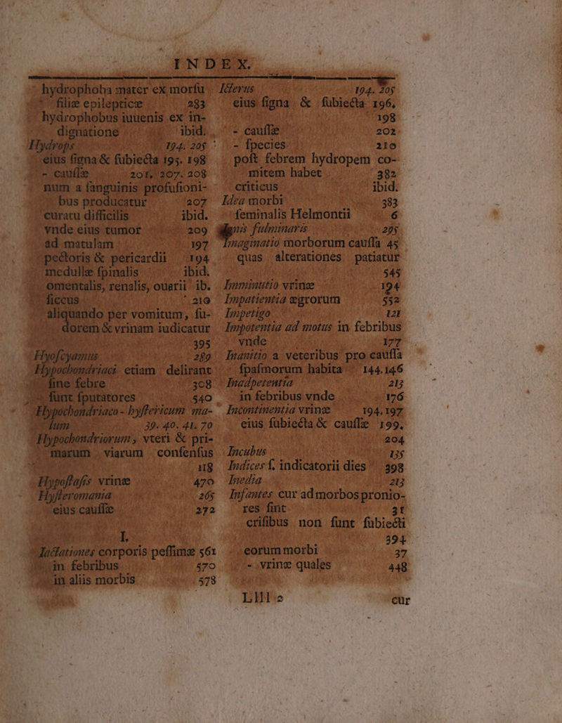 / hydrophohs mater ex morfu. filie epileptice 283 dignatione ibid. Hydrops ai . eius figna &amp; fübiecta 195. 198 ^2 cau(le |. 5205 207. 208 num a fanguinis profufioni- bus producatur 207 /euratu difficilis ibid. vnde eius tumor | 209 ad matulam | P INNO | d &amp; pericardii 194 medulkefpinalis ^ ^ ibid. . omentalis, renalis, OU&amp;rii b. -oficeus 219 js. juando per vomitum, fü- dorem &amp; vrinam iudicatur H ofi iyamus | 289 1g ne febre ^ fünt fputatores (540 1 | ' 38. 40. 41. 70 gsehndriron, vteri &amp; pri- nauim viarum confenfus u$ L- poftaf. y vrine 470 Dyfferomamia : 26$ . eius eiue 272 | L j dudationes. corporis uerbo 561 (yd febribus |. Wi vo nd ; d aliis morbis 4578 Iilevus | 104. V. 0f eius figna. &amp;. fübiecta 196, E i dmn 2021. - [pecies. 210 poit. Eno hydropem co- . mitem habet. 332 criticus ^ ibid. Idea morbi //883 ^ feminalis Helmontii ' EDS. p E falminara 25/28 magimatio morborum cauffa 45 quas. alterationes patiatur 0:545 Taminutio vrine 194 Impatientia egrorum 552 Impetigo. 121 Tmpotentia ad motus in febribus ynde . 177 Tuanitio a veteribus pro cauffa - fpafmorum habita - 144. 146 5 Inadpetentia. A 20 infebribus vnde. ^. 176 Iucontimentia vin ^ — 194,197 eius fübiecta &amp; cauflfe 199, 204 Jncubus l* qay Indices f. indicatori dies ^. 398 Inedta | 21 Infantes cur ad morbos RA res fint crifibus non funt fübiesti 394 MGR Piorbi 37 fo-vrine Bod | 448 LUle