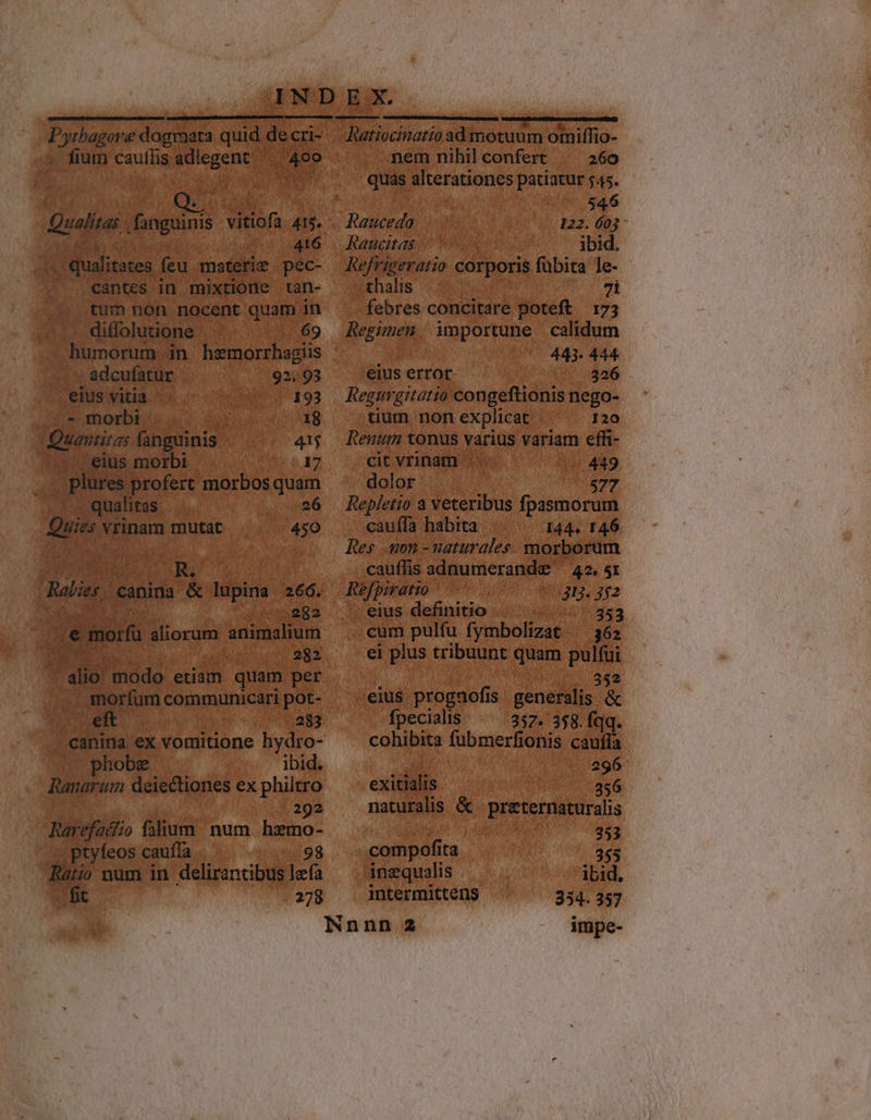 . fium caufis adlegent 400 Qualitas: UM vitiofa. 415. SET VENE 416 qualitates feu materie pec- cantes In mixtione tan- tum non nocent quam in diffolutione 69 humorum in hemorrhagiis — adcufatur 92, 93 eius vitia 193 — - morbi LAS i 39 | Quantiras fanguinis 41$ eius morbi . | 17 plures profert morbos quam —. qualitas 26 Quies vrinam mutat 450 | BUR. Rabies canina &amp; lupina 266. CE 2982 .€ morfu aliorum animalium DR 282 alio modo etiam quam per morfum communicari pot- git. t 283 canina ex vomitione hydro- Ratiocinattio ad motuum omiffio- nem nihil confert 260 quas alterationes patiatur 545. 54.6 Raucedo 122. 603 - Raucitas ibid. KRefrigeratio corporis fübita le- thalis 7i febres concitare poteft 173 Regmnen importune calidum ; 443. 444 eius error 326 Regurgitatio congeftionis nego- tium non explicat 120 Reuum tonus varius variam effi- cit vrinam 449 dolor $77 Repletio a veteribus fpasmorum cauffa habita I44. 146 Res mon - naturales. morborüm cauffis adnumerande ^ 42. si Refpirano M42. 32 '; eius definitio CLE cum pulfu fymbolizat ^ 362 ei plus tribuunt quam pulfui 352 eius prognofis generalis &amp; fpecialis 357. 358. fqq. cohibita fübmerfionis caufía phobz ibid, 2 296 Ranarum deiectiones ex philtro exitialis 356 | 292 naturalis &amp; | preternaturalis Rarefacfio falium num hzmo- éT 353 ptyfeos caufla 98 compofita 355 Ratio num in delirantibus lea inzqualis ibid. fit 278 intermittens 354. 357 Nnnn 2 impe-