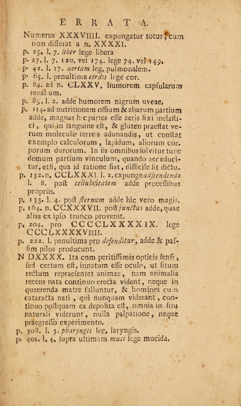 E' R K A T 4. Numerus XXXVilli, expungatur totus fcuai non differat a n. XXXXl. p. 25, ], 7. liber lege libera P* 27*1. 7. 120. vei 174. lege 74. vel 149, p- 42. i. r7. aortam leg. pulmonalem, p* 65. 1. penultimafflrSw lege eor. p. 84. ad n. €LXXV, humorem capfularum rena’1 u m, p. S$. 1. 2. adde humorem nigrum uveae. p. 114. ad nutritionem o!fium& aliarum partium adde, magnas h:c partes efle aeris fixi inelafti- ci, qui in danguine eft, U gluten praeltat ve¬ rum rnoleculi? terreis adunandis, ut conflat exemplo calculorum , lapidum, aliorum cor» porum durorum. In iis omnibusfolvitur tunc demum partium vinculum, quando aer educi¬ tur, etli, qua id ratione fiat, difficile fit didtu. p. 132,n. CCLXXXI. 1. z.expungzadjcendendo- I. 8. poli cellulofitatern adde proceflibus propriis. p. 133. L 4« pcnt Jlernum adde hic vero magis, p. 164. n.CCXXXVH, poQtjunfius adde,quae alias ex ipfo trunco provenit» p. 204. pro CCCCLXXXXlX. lege c c c l x x xx v mi- p, 222.I. penultima pro defenditur, adde & paf- fim pilos producunt. N DXXXX. Ita cnm peritifflmis opticis fenfi, fed certum eft, innatum effe oculo, ut fi tum reclum repraefentet animae, nam animalia recens nata continuo eredla vident, neque in quaerenda matre falluntur, &, homines cum cataracta nati , qui nunquam viderant, con¬ tinuo poflquam ea depolita eit, omnia in litu naturali viderunt, nulla palpatione, neque praegreilb experimento, p. 308. 1. 3.pharyngis leg» laryngis, p. 401. U 4, fupra ultimam muci lege mucida.