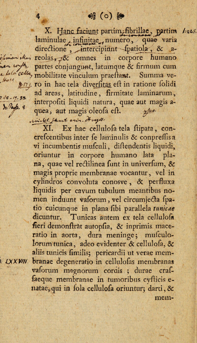yt- *»^V r-/e 'h%% )vQt^c. $ X. Hanc faciunt partiii^fibrillae^ j^rtim laminulae . infinitae .numero,^ quae varia diredione , ^inteixipidnt -ipatiola , & a- reolas^^r^: omnes in corpore humano U^A- partes conjungunt:, latumque & firmum cum ^ mobilitate vinculum praedant. Summa ve- $‘f7j, ro in hac tela diverfitas. ed in ratione folidi ad areas, latitudine, firmitate laminarum, interpofiti liquidi natura, quae aut magis a- quea3 aut magis oleofa ed. XI. Ex hac cellulofa tela dipata, con- crefcentibus inter fe laminulis & conpreflisa vi incumbentia mufculi, didendentis liquidi, oriuntur in corpore humano lata pla¬ na, quae vel redilinea funt in univerfum, Sc magis proprie membranae vocantur, vel in cylindros convoluta conosve , <3c perfluxa liquidis per cavum tubulum meantibus no¬ men induunt vaforum, vel circumjeda fpa- tio cuicunque in plana fibi parallela tunicae dicuntur. Tunicas autem ex tela cellulola fieri demonflr&t autopfia, &c inprimis mace¬ ratio in aorta, dura meninge; mufculo- lorumtunica, adeo evidenter & cellulofa, & aliis tunicis fimilis; pericardii ut verae mem- i IXXVW branae degeneratio in cellulolas membranas vaforum magnorum cordis ; durae craf- feeque membranae in tumoribus cydicis e- natae, qui in fola cellulofa oriuntur; darti, Sc mem-
